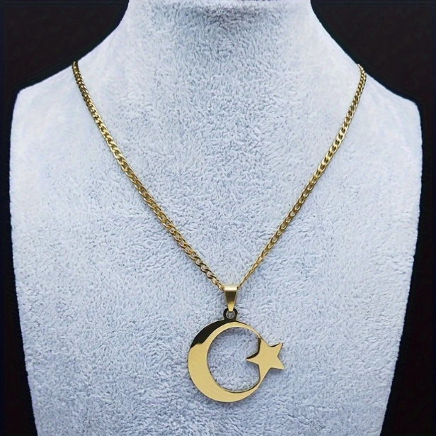 Crescent Moon and Star Gold Necklace, Islamic Muslim Pendant, Jewelry Gifts, Car Hanging