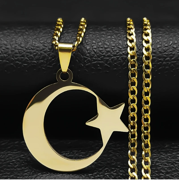 Crescent Moon and Star Gold Necklace, Islamic Muslim Pendant, Jewelry Gifts, Car Hanging