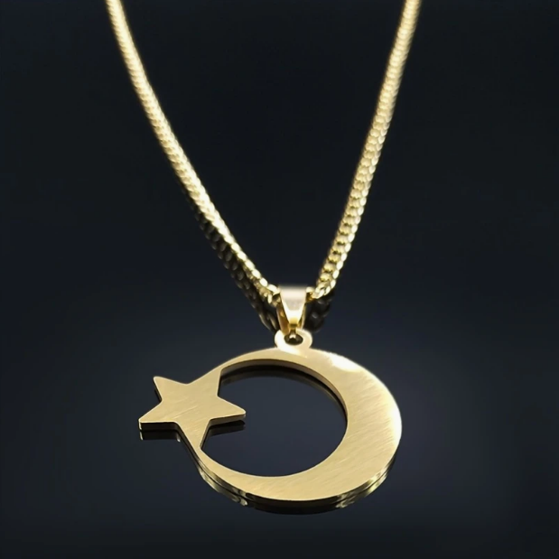 Crescent Moon and Star Gold Necklace, Islamic Muslim Pendant, Jewelry Gifts, Car Hanging