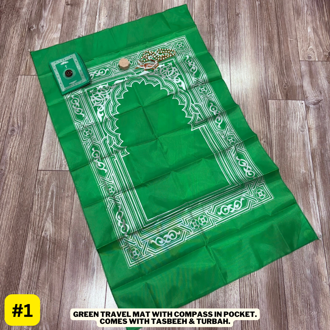 Travel Prayer mat in pouch with Tasbeeh and Turbah