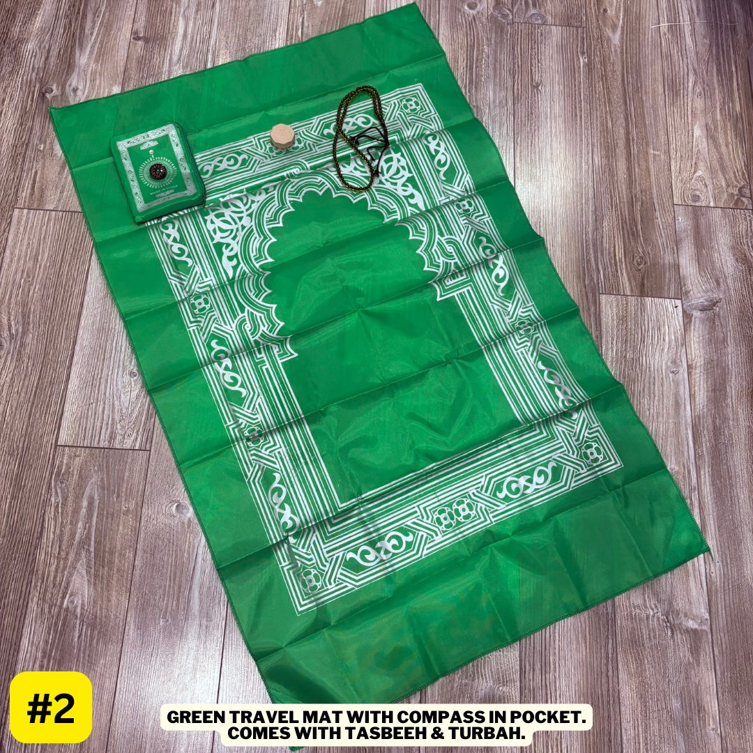 Travel Prayer mat in pouch with Tasbeeh and Turbah