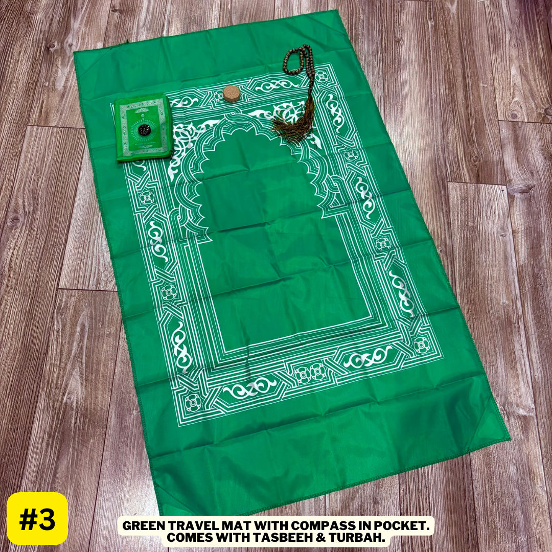 Travel Prayer mat in pouch with Tasbeeh and Turbah