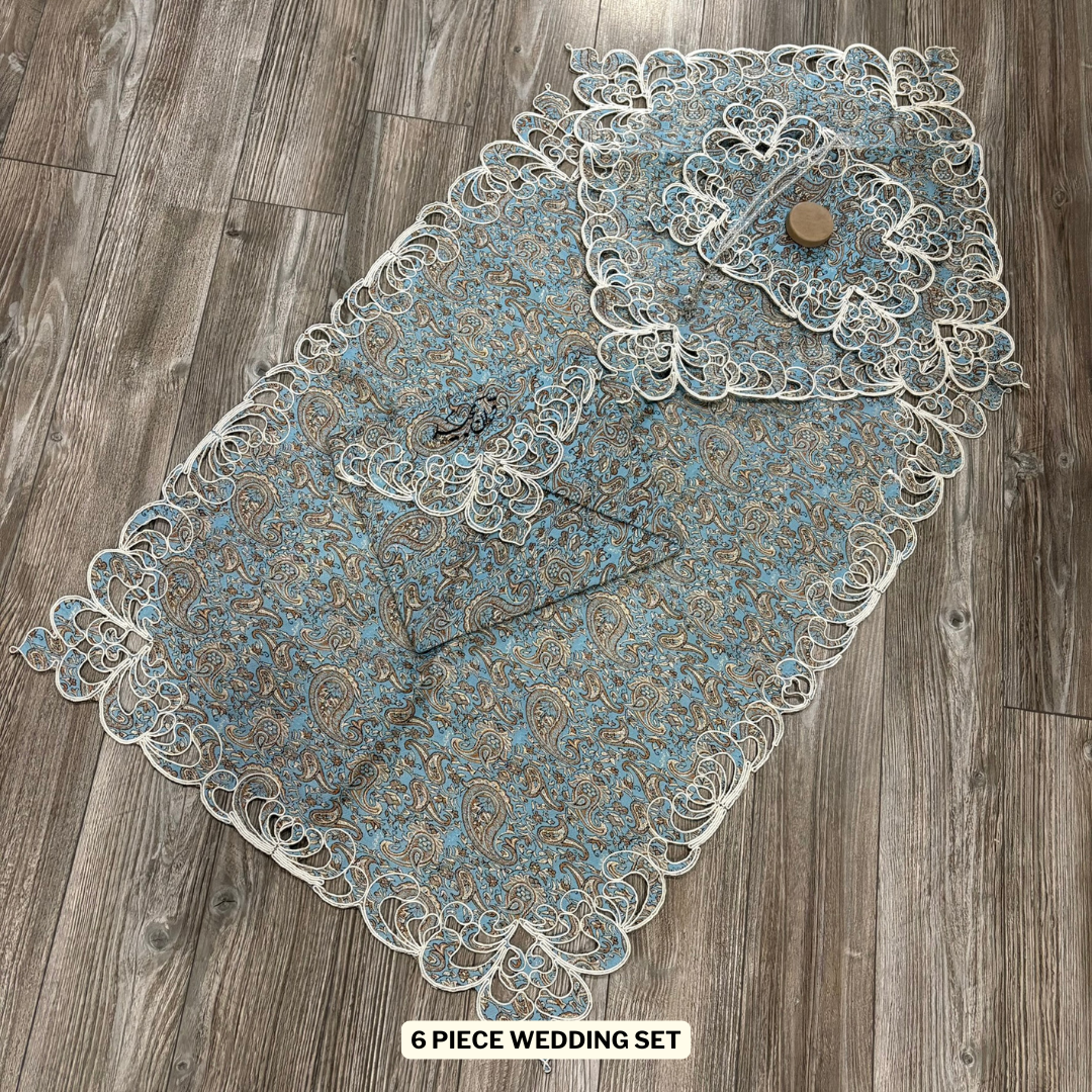 Wedding Sajdagah Decorative Blue and White Lace Prayer Mat 4 piece set, Mohr Turbah janamaz set Quran pouch, Muslim Islamic Gift, Salah Mat