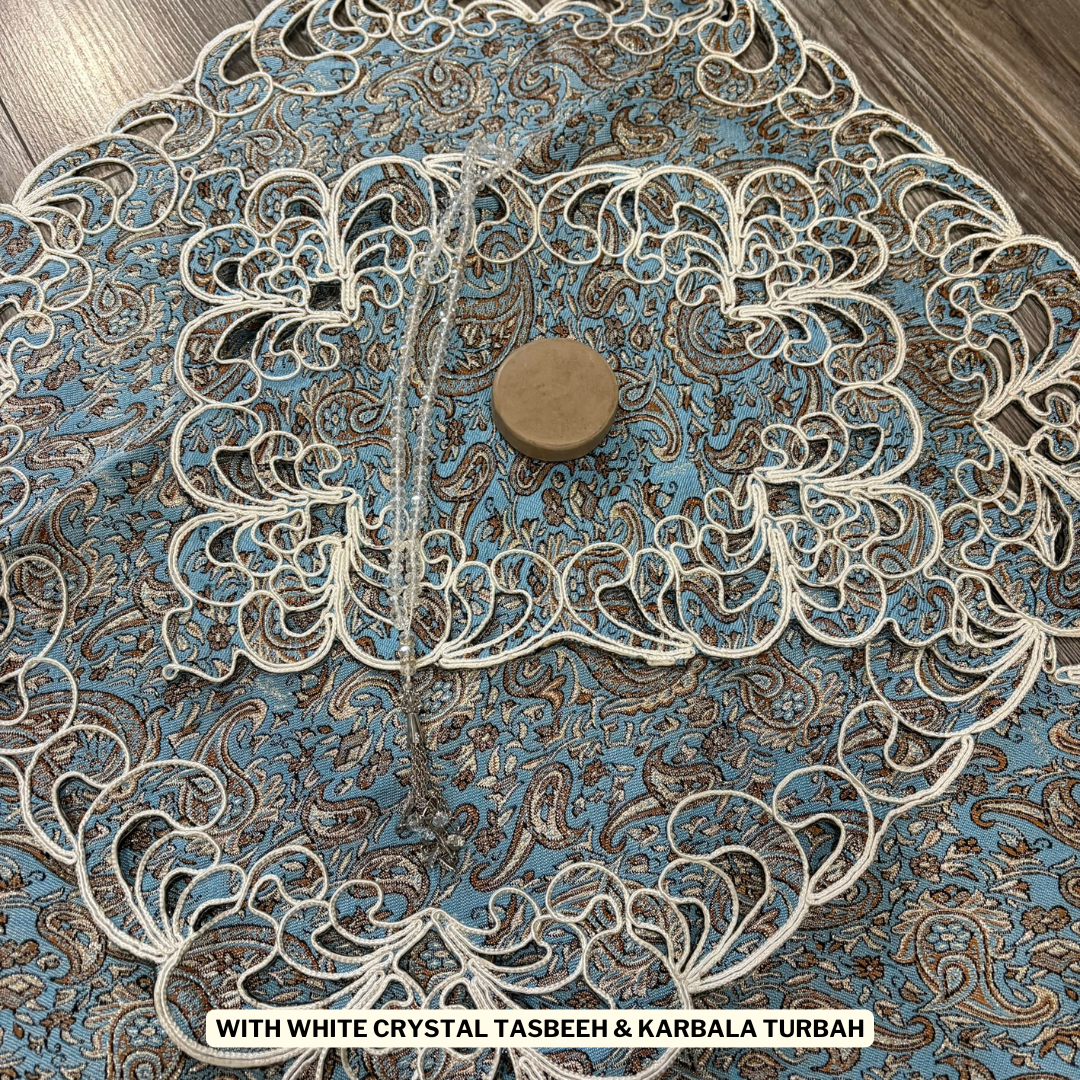 Wedding Sajdagah Decorative Blue and White Lace Prayer Mat 4 piece set, Mohr Turbah janamaz set Quran pouch, Muslim Islamic Gift, Salah Mat