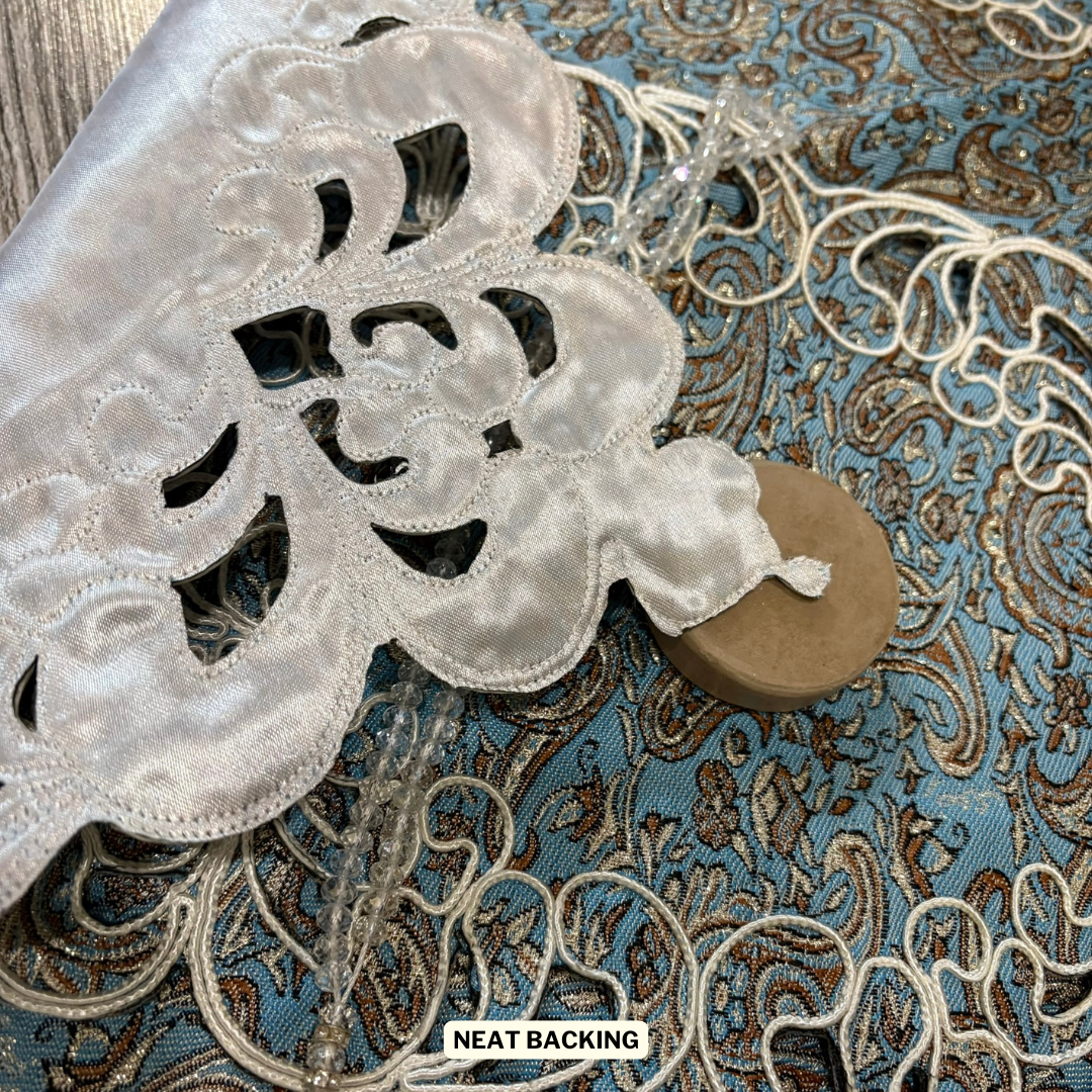 Wedding Sajdagah Decorative Blue and White Lace Prayer Mat 4 piece set, Mohr Turbah janamaz set Quran pouch, Muslim Islamic Gift, Salah Mat