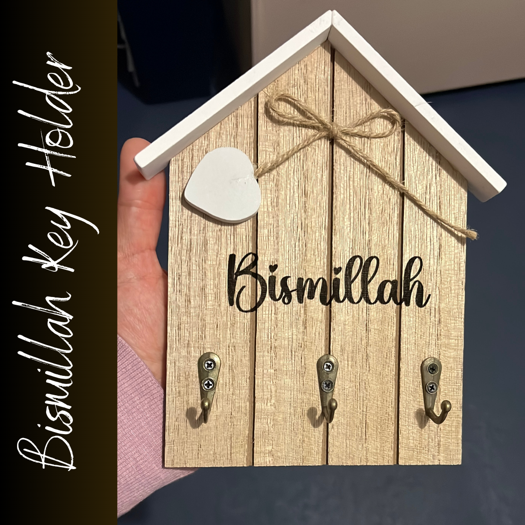 Bismillah Sign Key Holder for Wall, Islamic key organizer hook for wall decor, Muslim Housewarming Gift, Wall mounted Wooden Key Holder