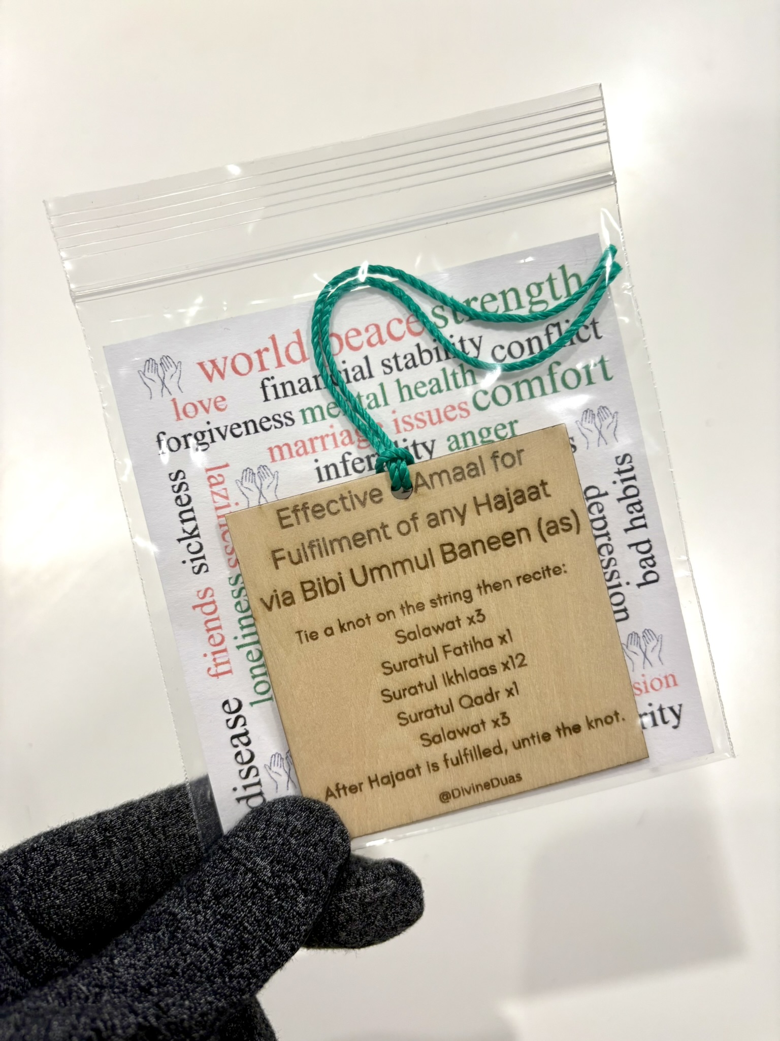 Ummul Baneen Amaal for All Problems, Wooden Dua Card with String for Knot