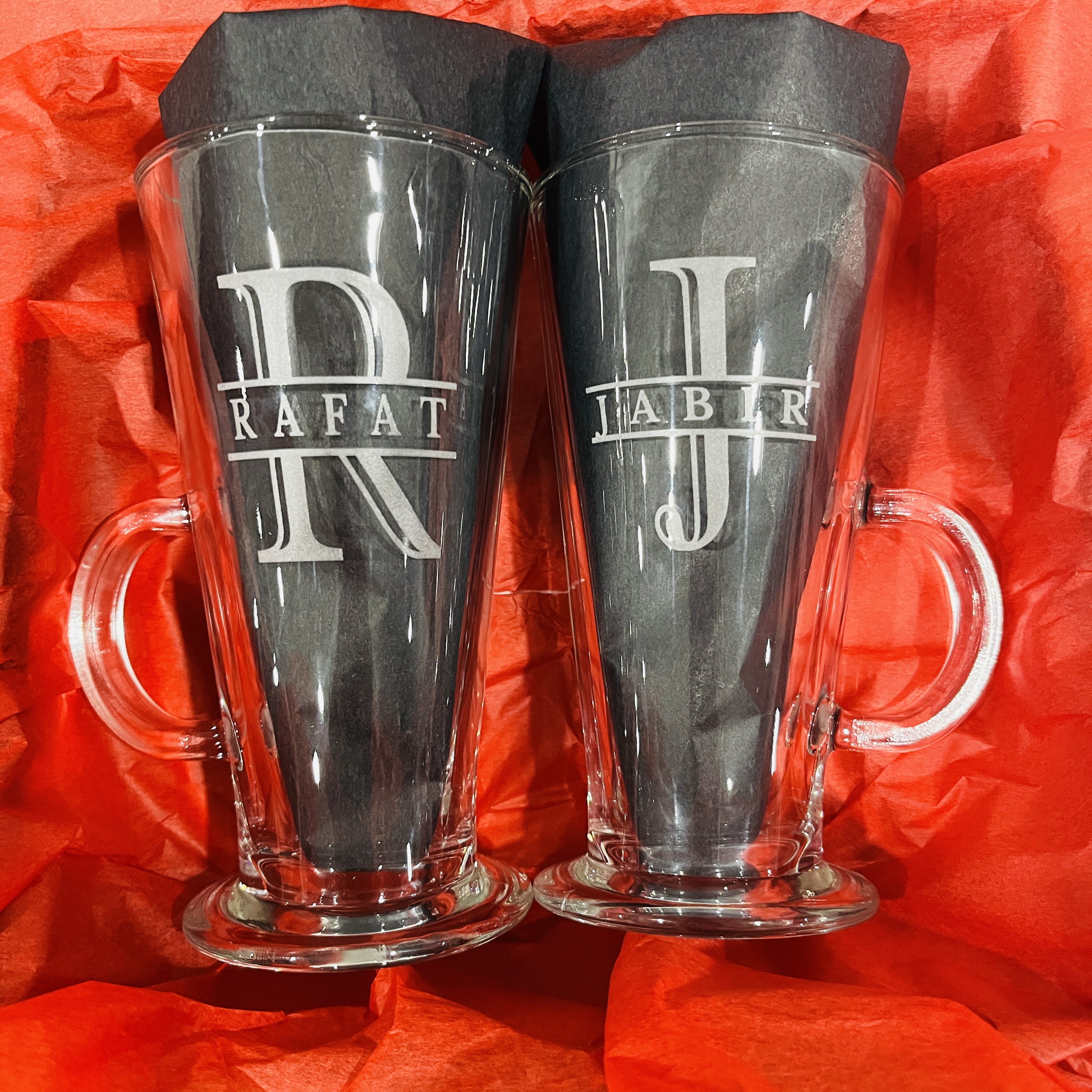 Custom Monogram Etched Latte Glass Mugs for Couple