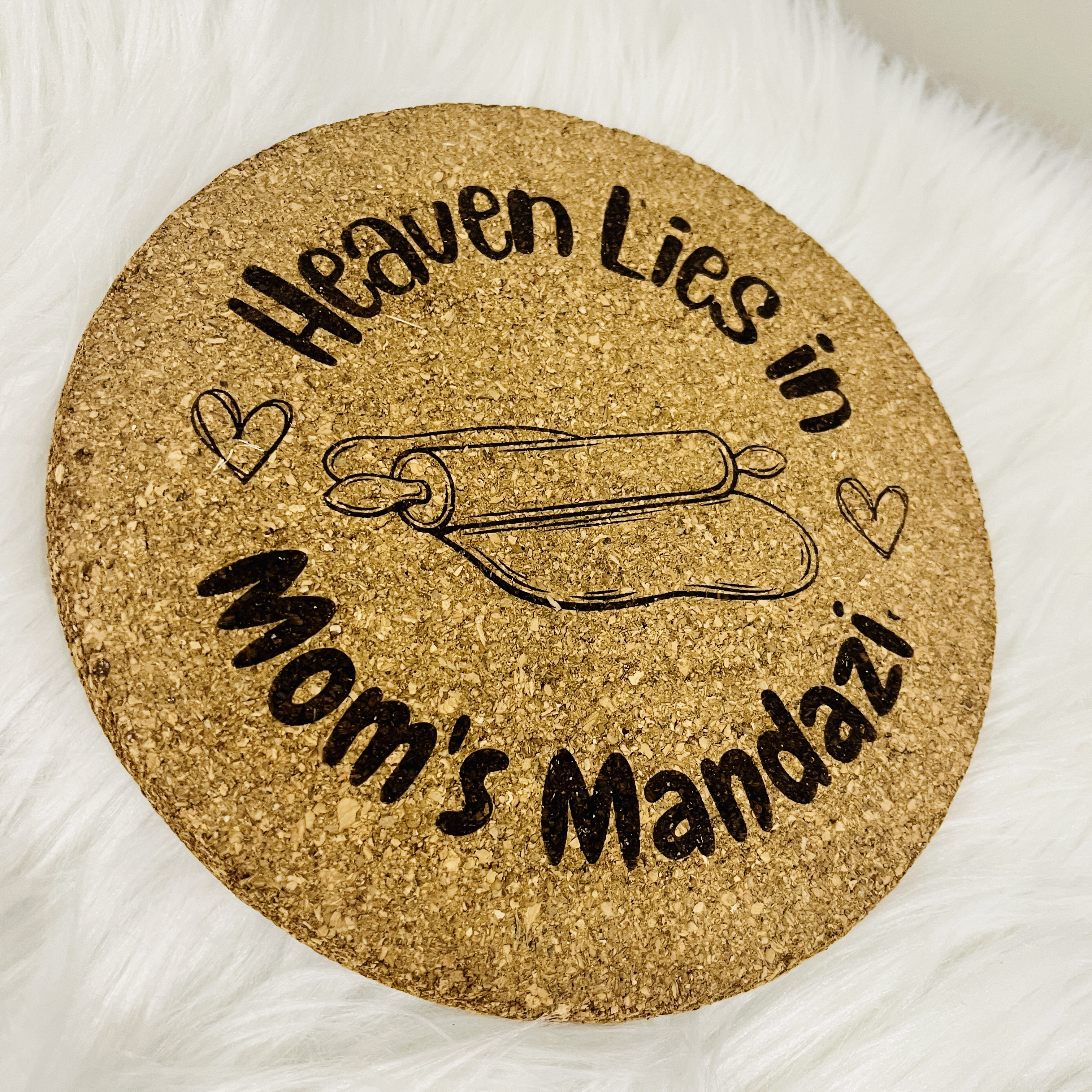 Engraved Cork Hot Mat – "Heaven Lies in Mom's Mandazi" | Heat-Resistant Trivet for Kitchen & Dining