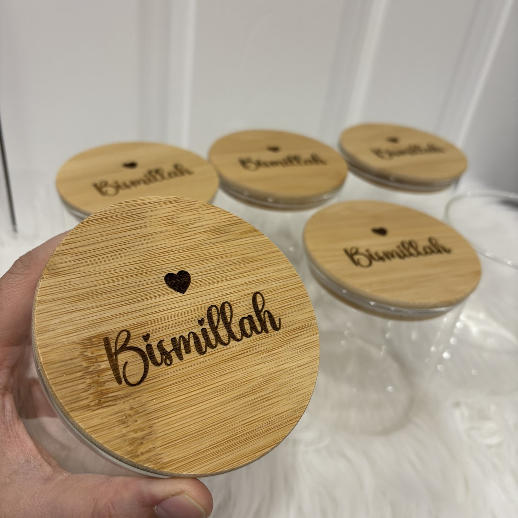 Bismillah Engraved Bamboo Lid Glass Jar – Islamic Storage Jar with Wooden Lid – Muslim Home Decor Gift – Ramadan & Eid Favor Container