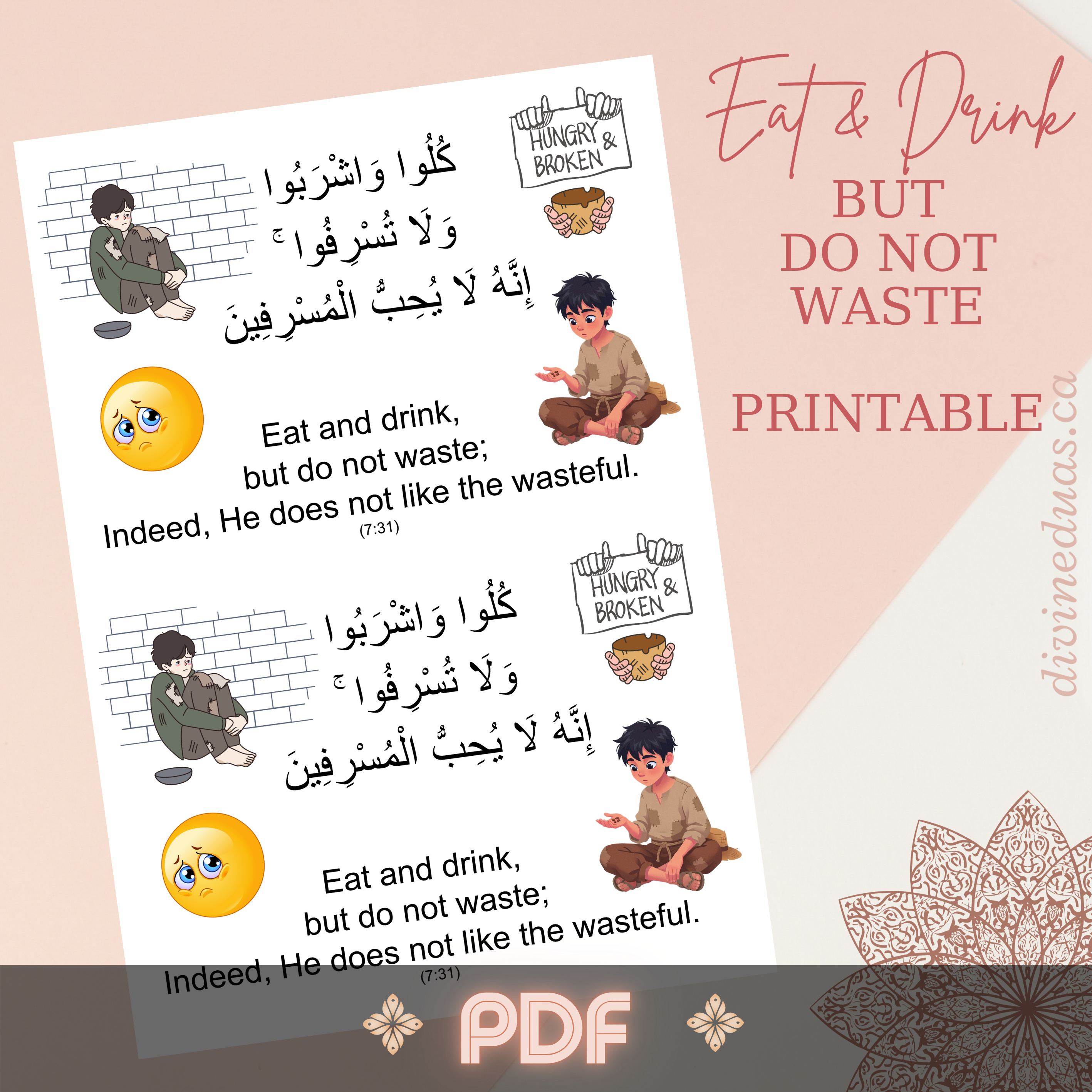 Eat and Drink Do Not Waste Printable, Quranic Verse on Asraf, Digital Download to Teach Children