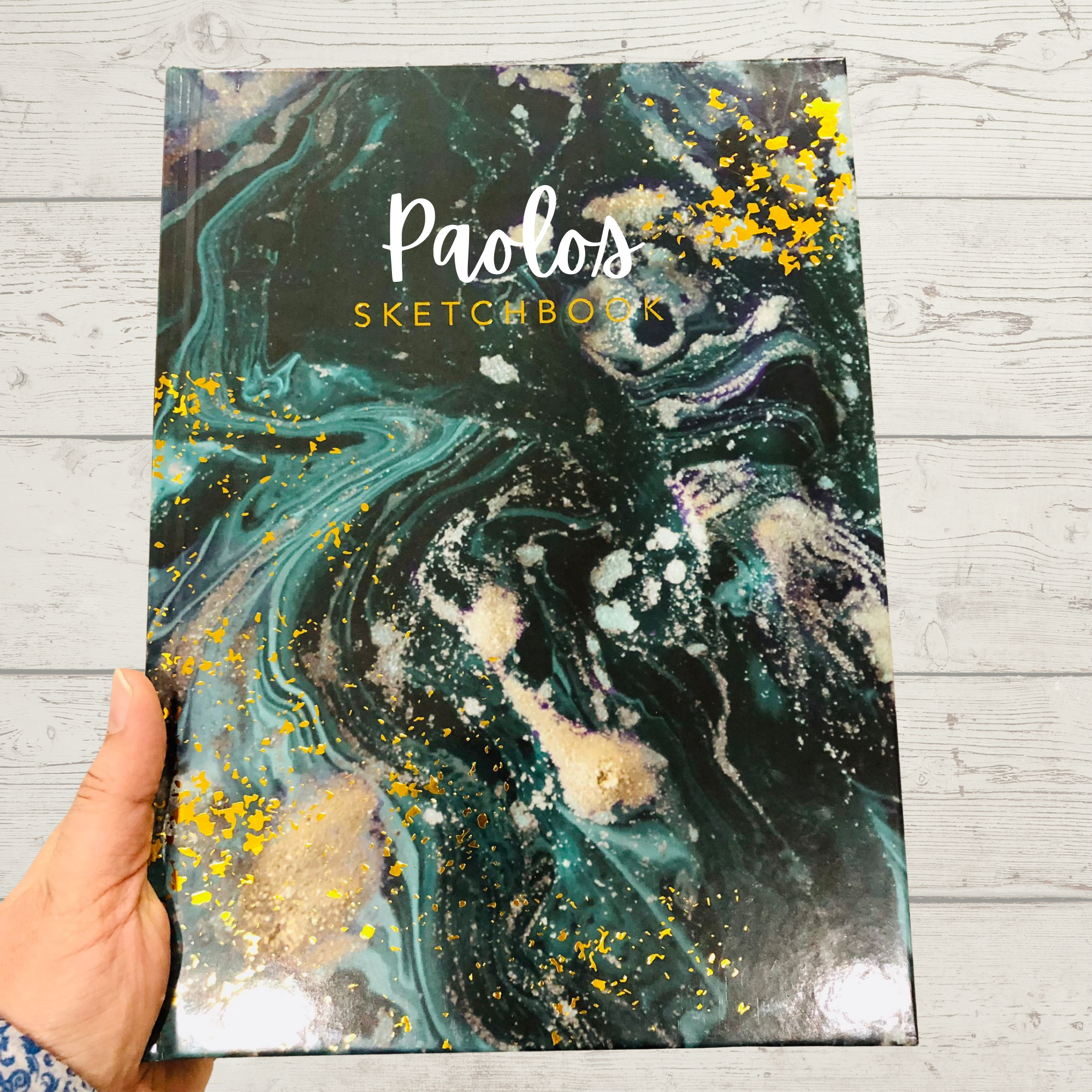 Personalized Green and Gold Sketchbook, Gold Embossed Drawing Book, Custom Name Vinyl Decal Doodle Book, Personalised Journal Book for her