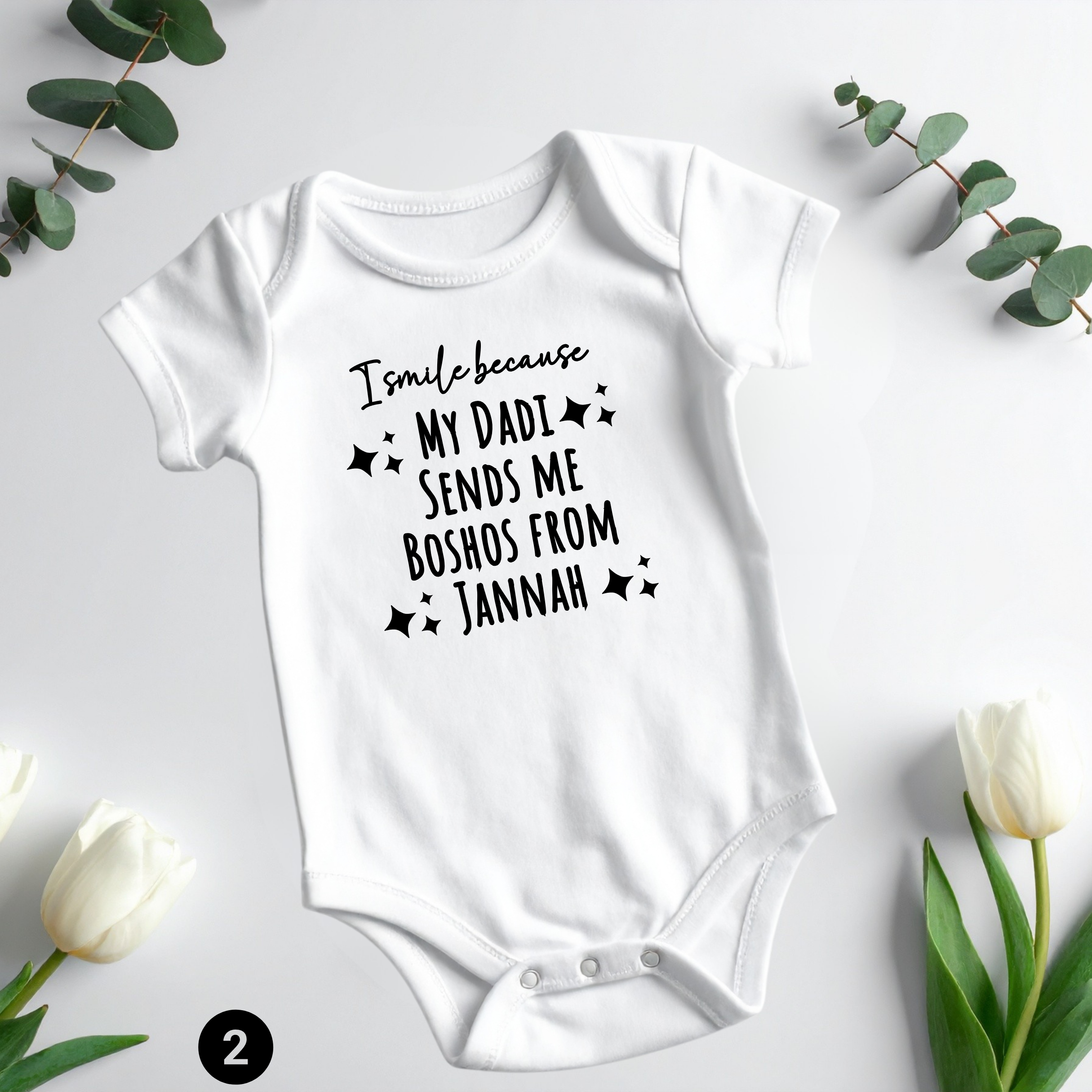 Personalized Islamic Baby Onesie – “I Smile Because My Nani Sends Me Boshos From Jannah” – Custom Muslim Baby Gift