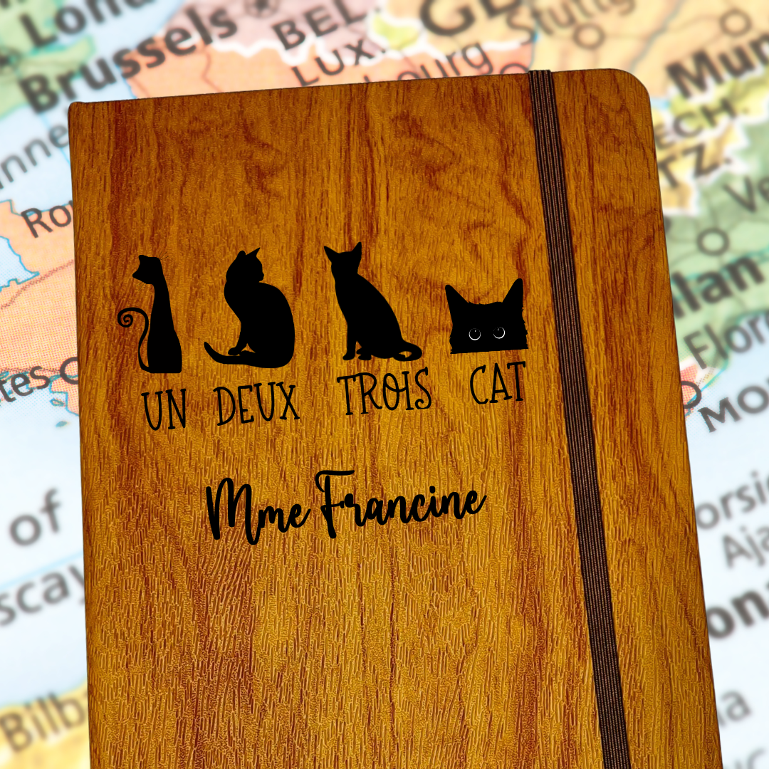 Personalized French Teacher Notebook Gift - Un Deux Trois Cat