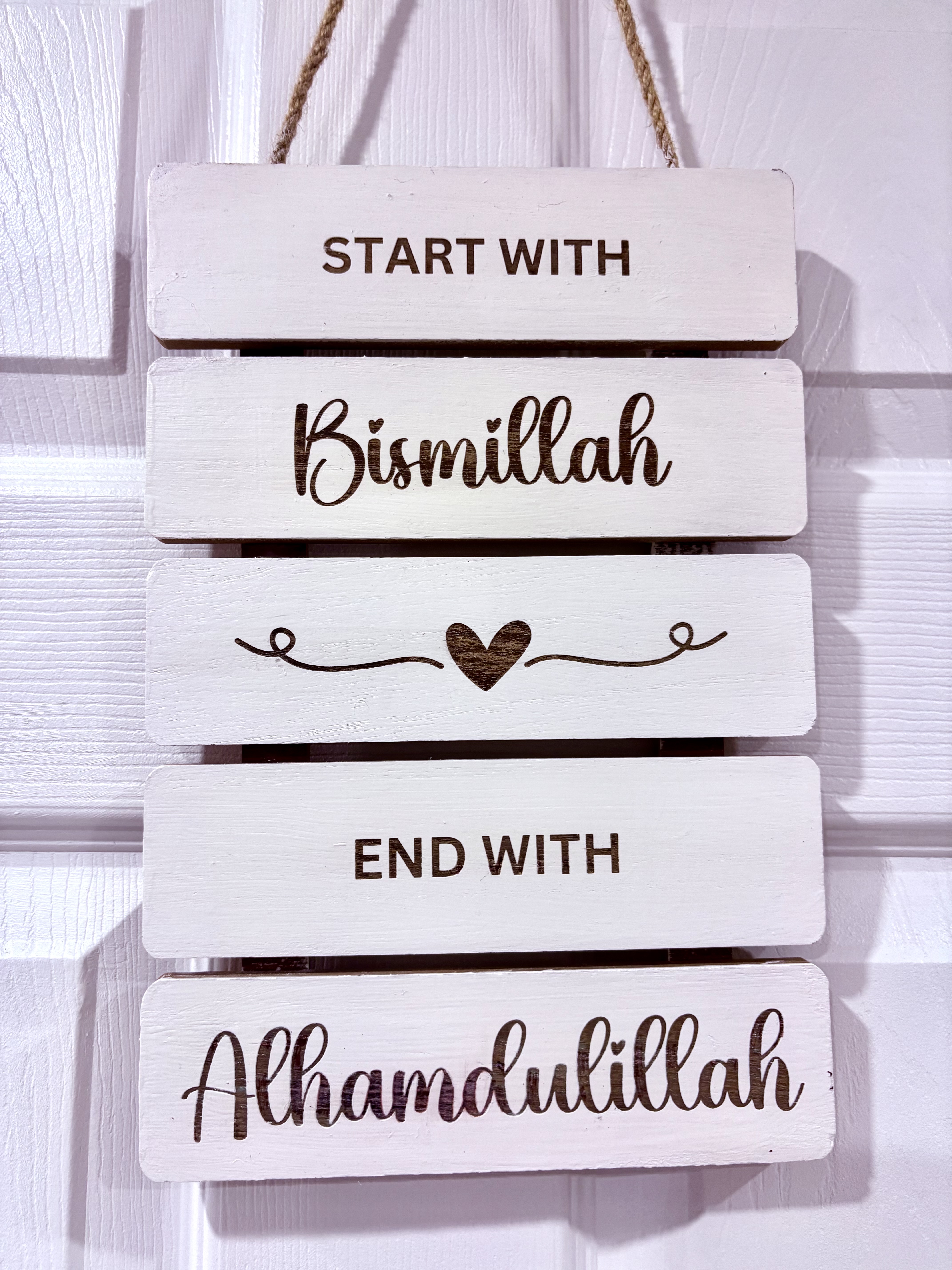 Start with Bismillah End with Alhamdulillah Wall Art – 5 Panel Islamic Wood Decor Set