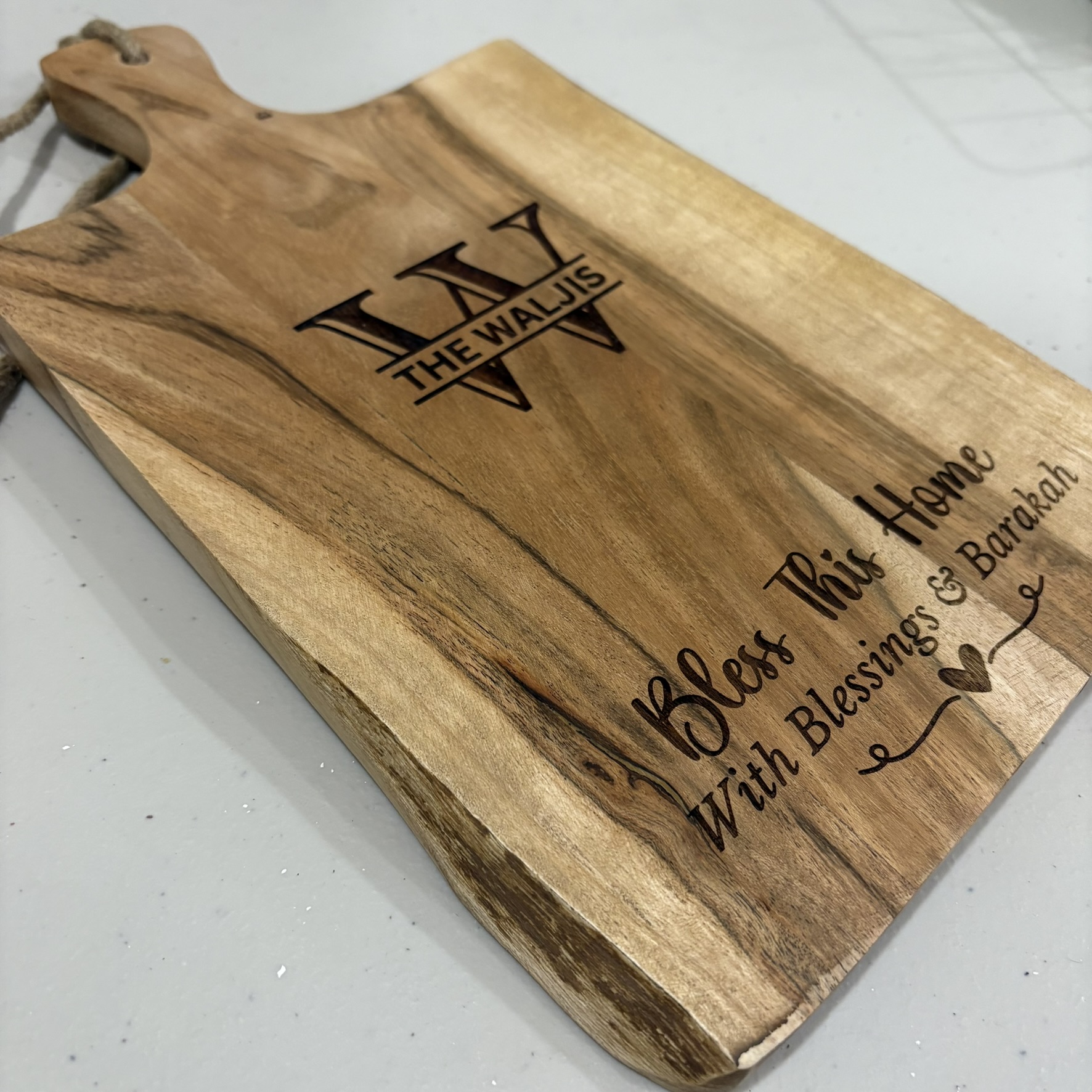 Personalized Acacia Wood Board – Family Monogram Bless This Home with Blessings and Barakah Engraved Islamic Gift