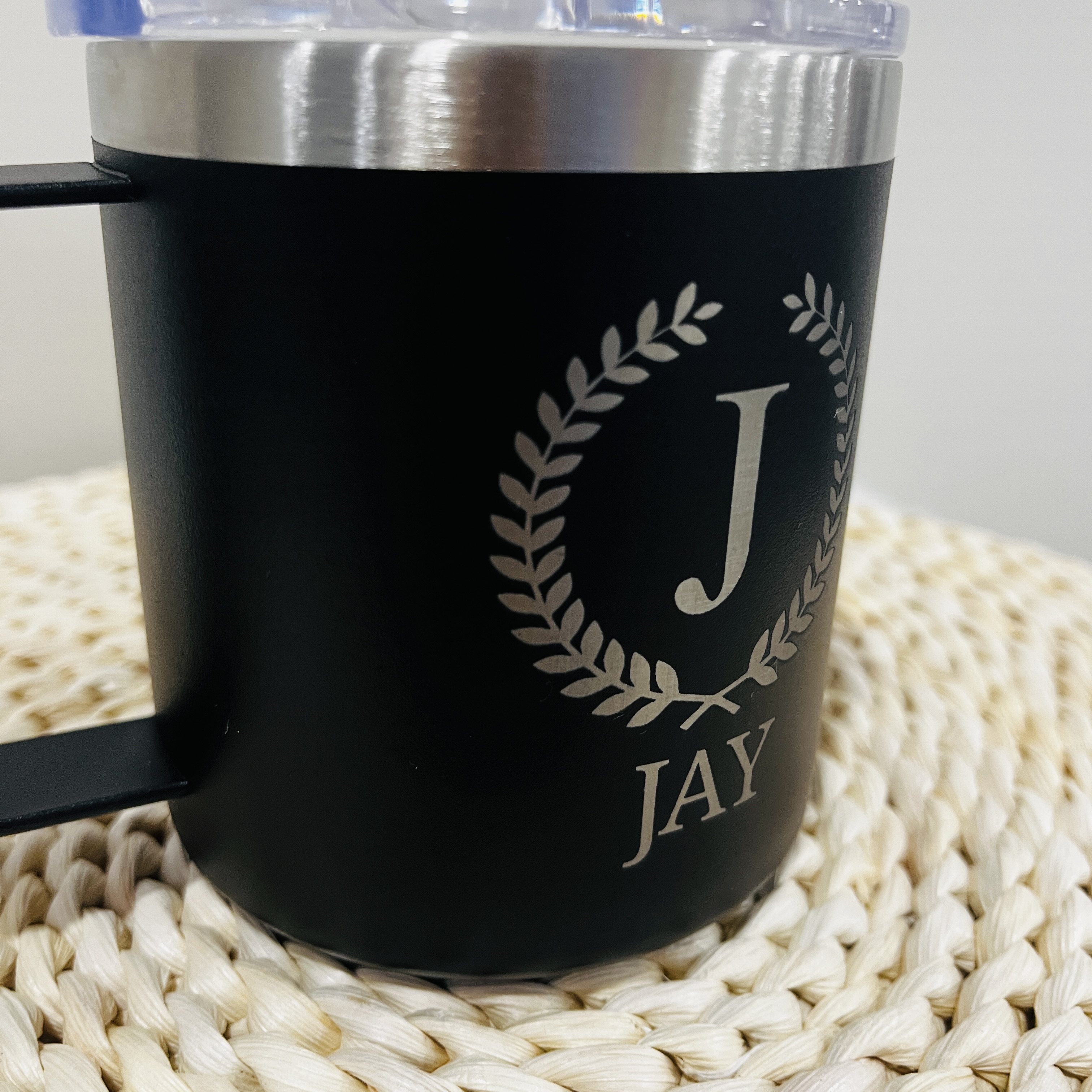 Custom Engraved Tumbler with Wreath Monogram and Name