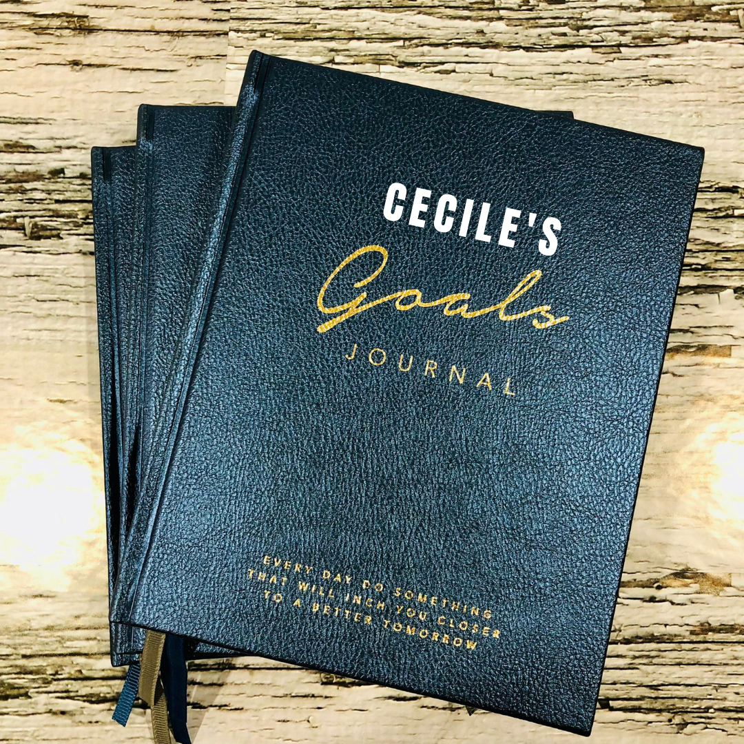 Personalized Goals Journal, Hardcover Daily Goal Planner, Productivity Log Tracker Custom Dreams Gratitude Diary Blue and Gold Embossed