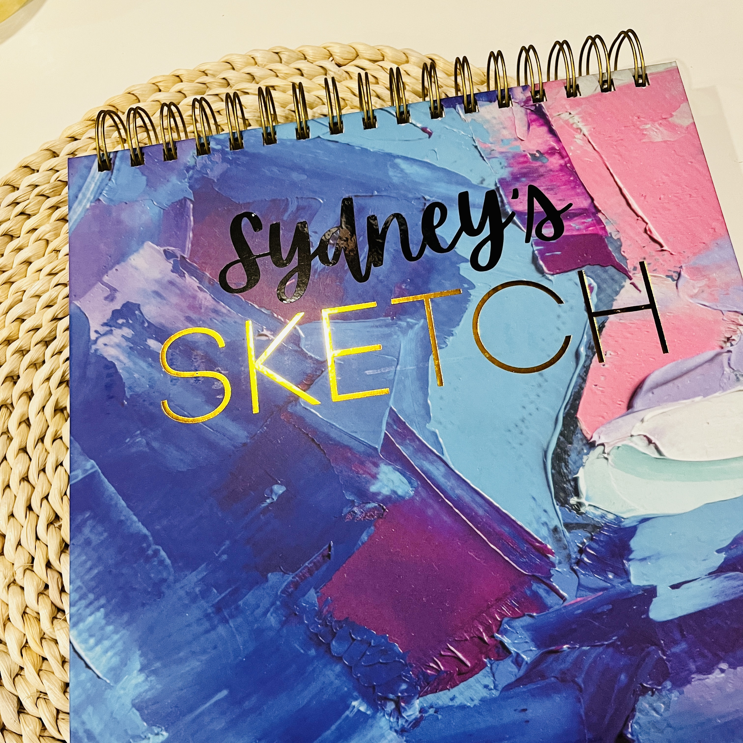 Personalized Gold Embossed Sketchbook Gift for Artist,  Hardcover Sketchbook for Down Syndrome, Custom Spiral Bound Drawing book Gift her