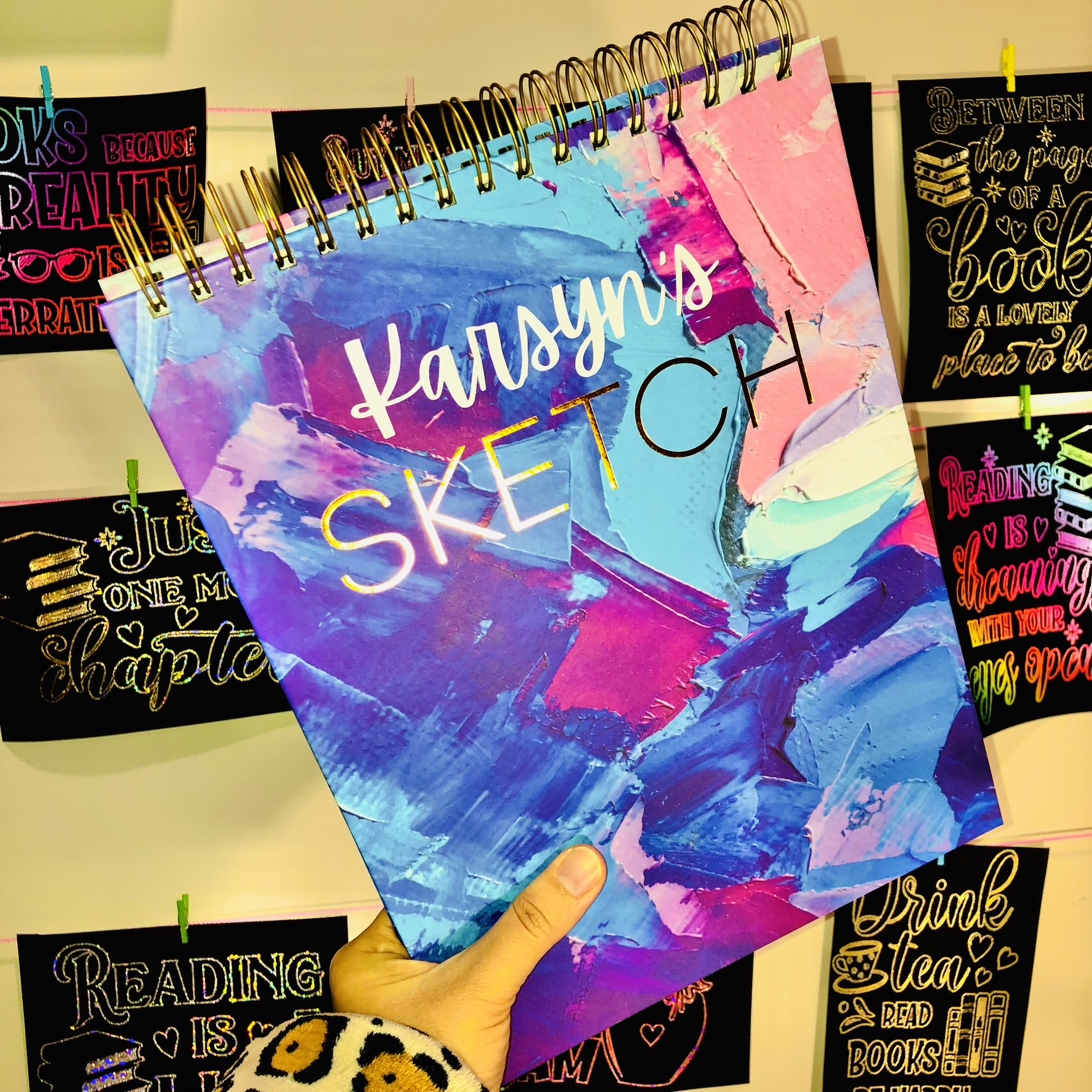 Personalized Gold Embossed Sketchbook Gift for Artist,  Hardcover Sketchbook for Down Syndrome, Custom Spiral Bound Drawing book Gift her