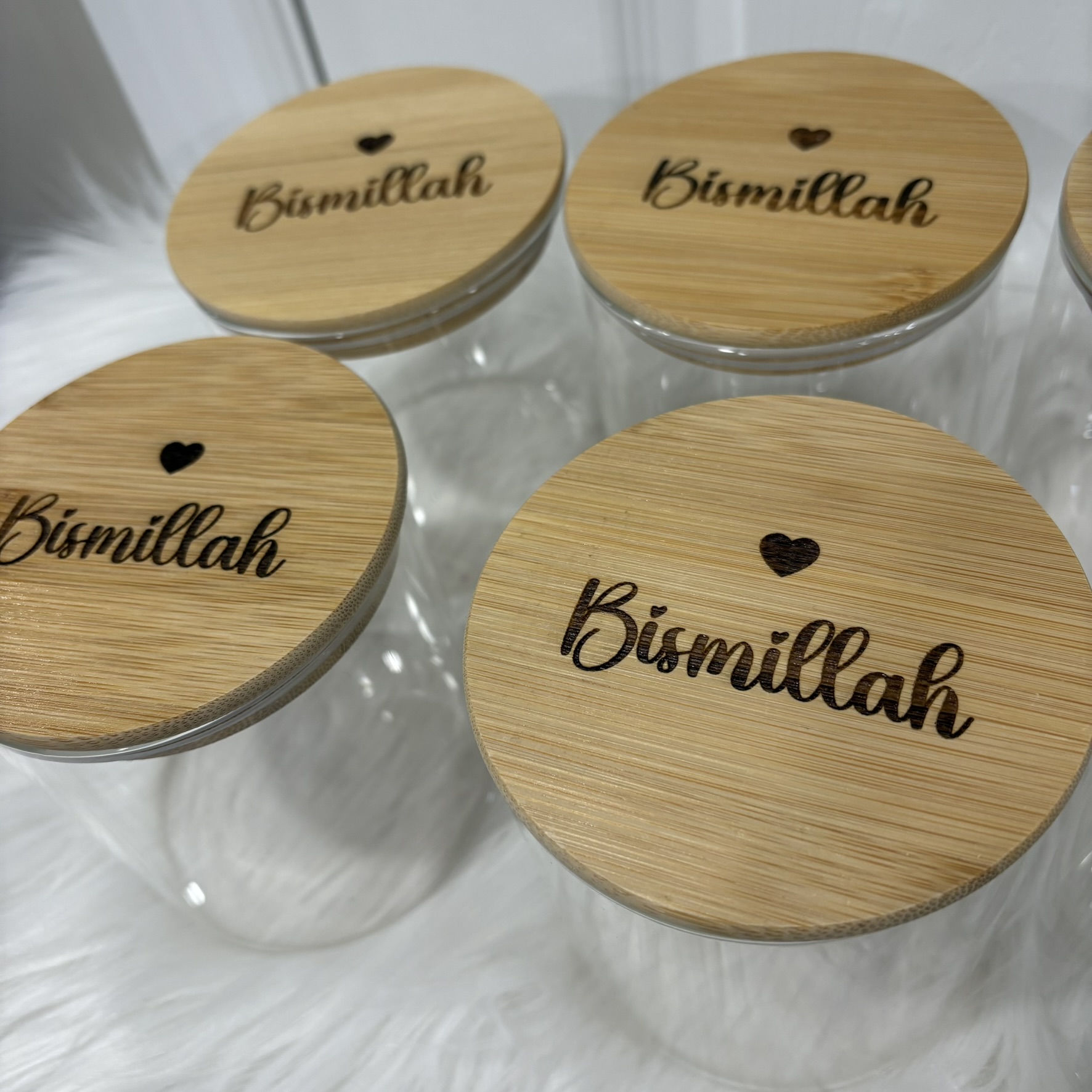 Bismillah Engraved Bamboo Lid Glass Jar – Islamic Storage Jar with Wooden Lid – Muslim Home Decor Gift – Ramadan & Eid Favor Container