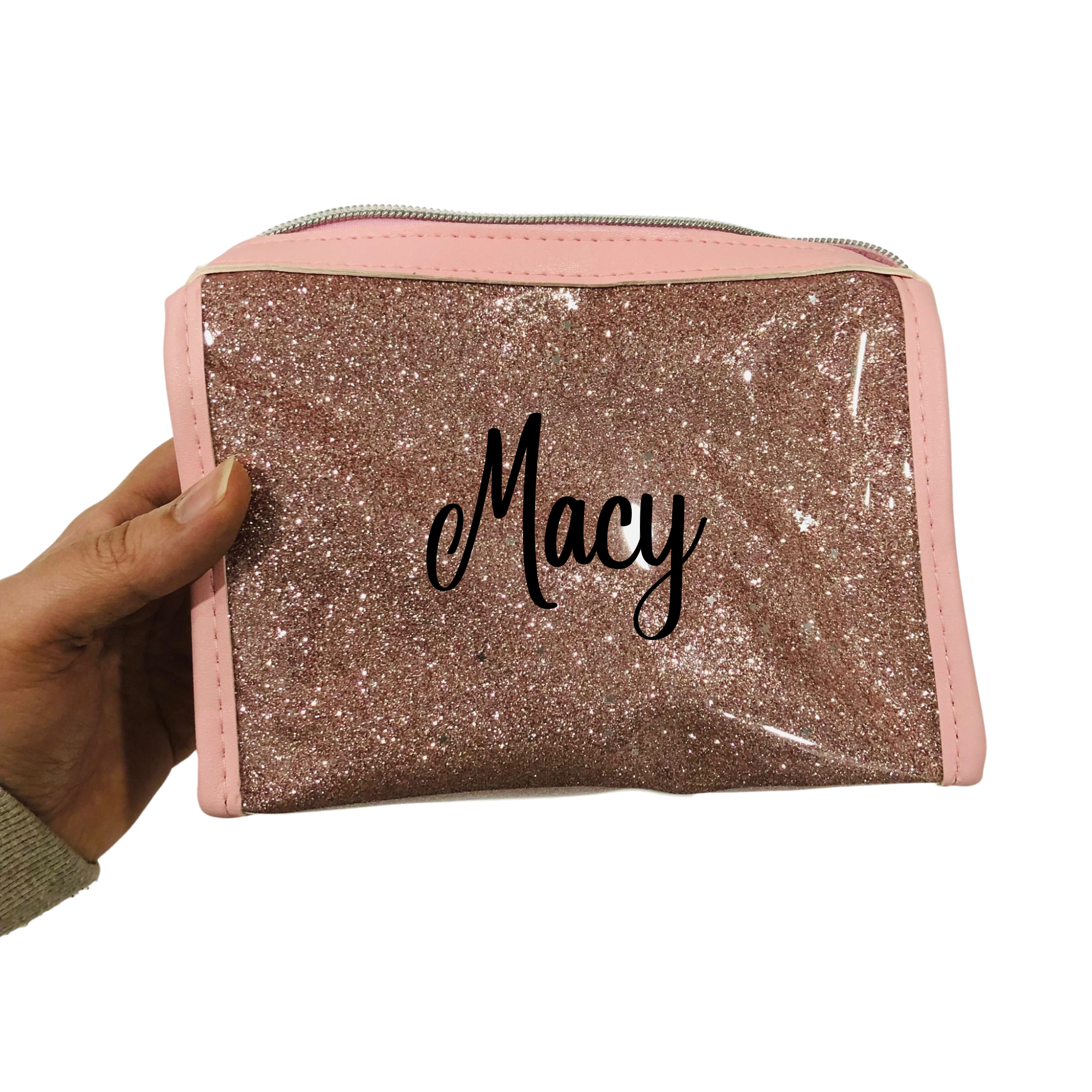 Personalized Makeup Bag, Bridesmaid Gift, Custom Pink Glitter Pouch for Friend, Personalised cosmetic zipper bag, Valentines Gift for her