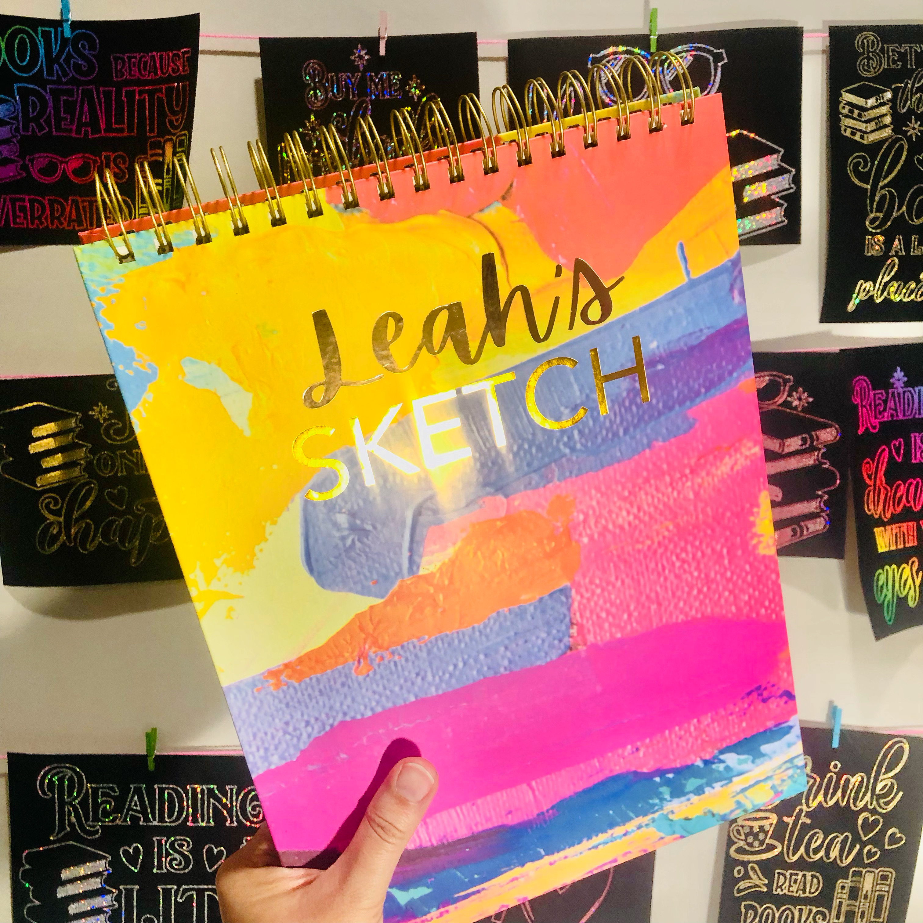 Personalized Gold Embossed Sketchbook Gift for Artist,  Hardcover Sketchbook for Down Syndrome, Custom Spiral Bound Drawing book Gift her