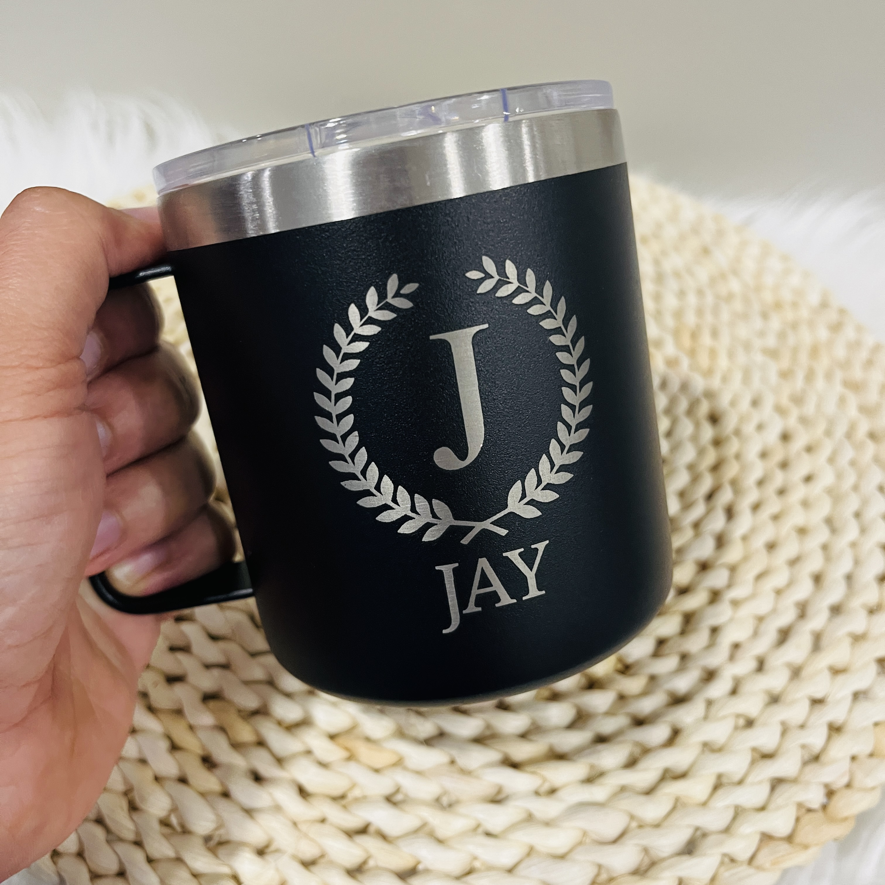 Custom Engraved Tumbler with Wreath Monogram and Name