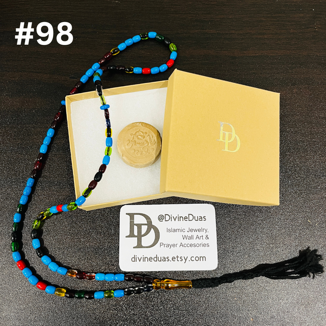 100 Bead Blue Firoza like Multicolor Acrylic Tasbeeh and Karbala Made Turbah – Islamic Prayer Beads