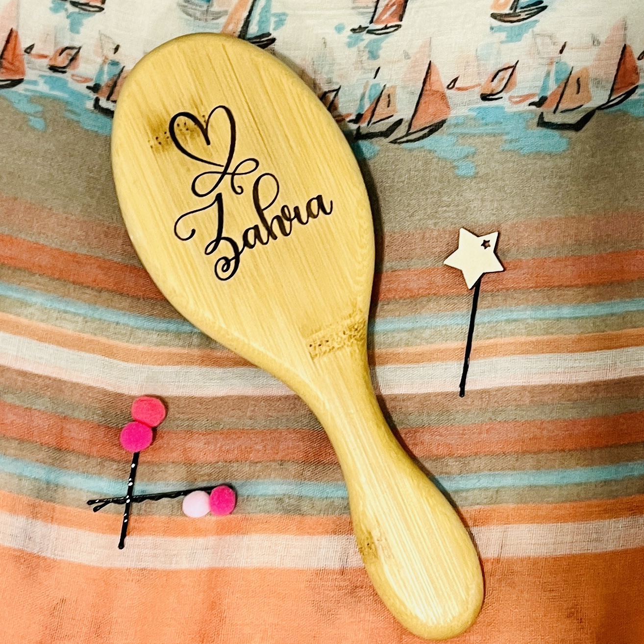 Custom Engraved Heart Name Paddle Bamboo Hair Brush