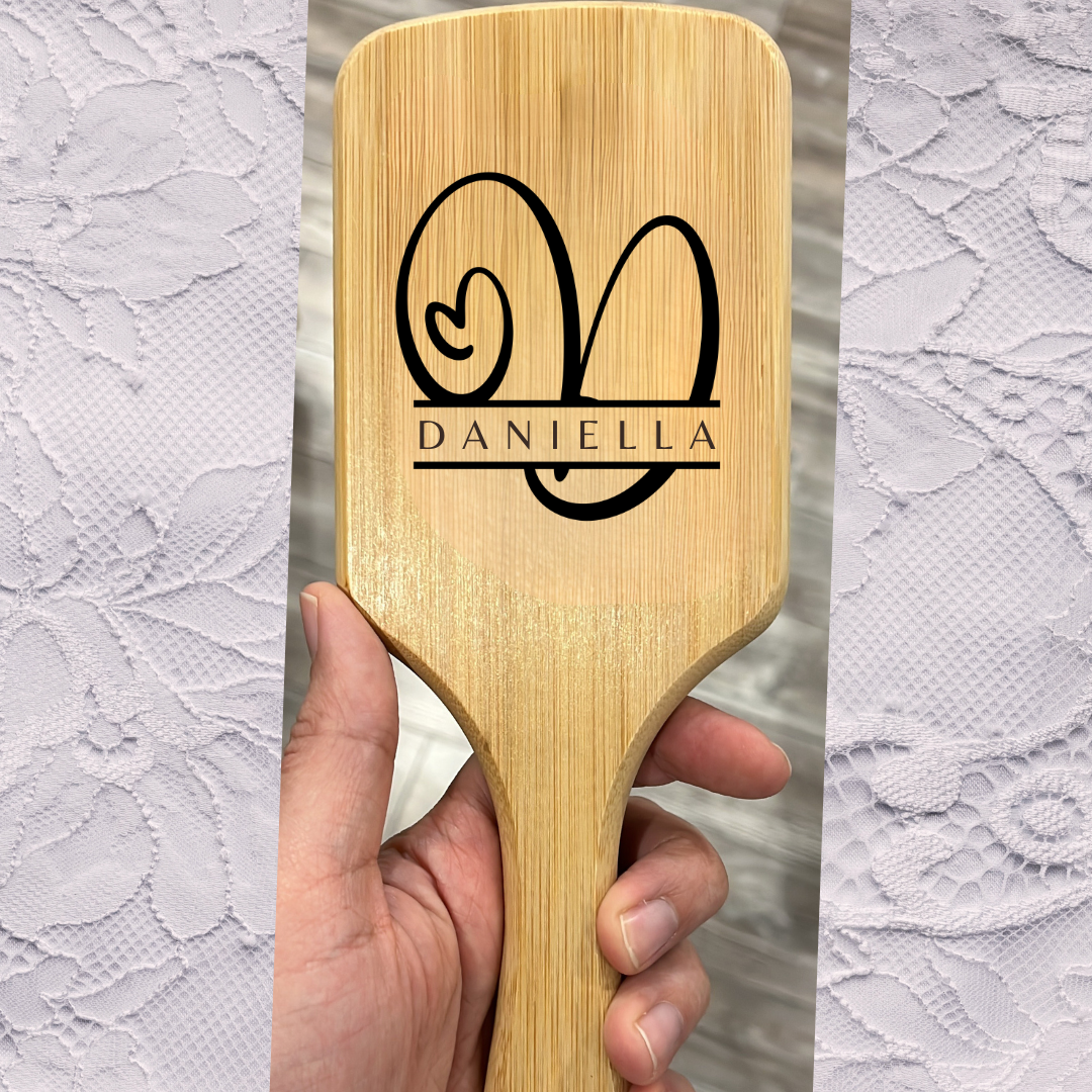 Custom Engraved Heart Monogram Name Paddle Bamboo Hair Brush
