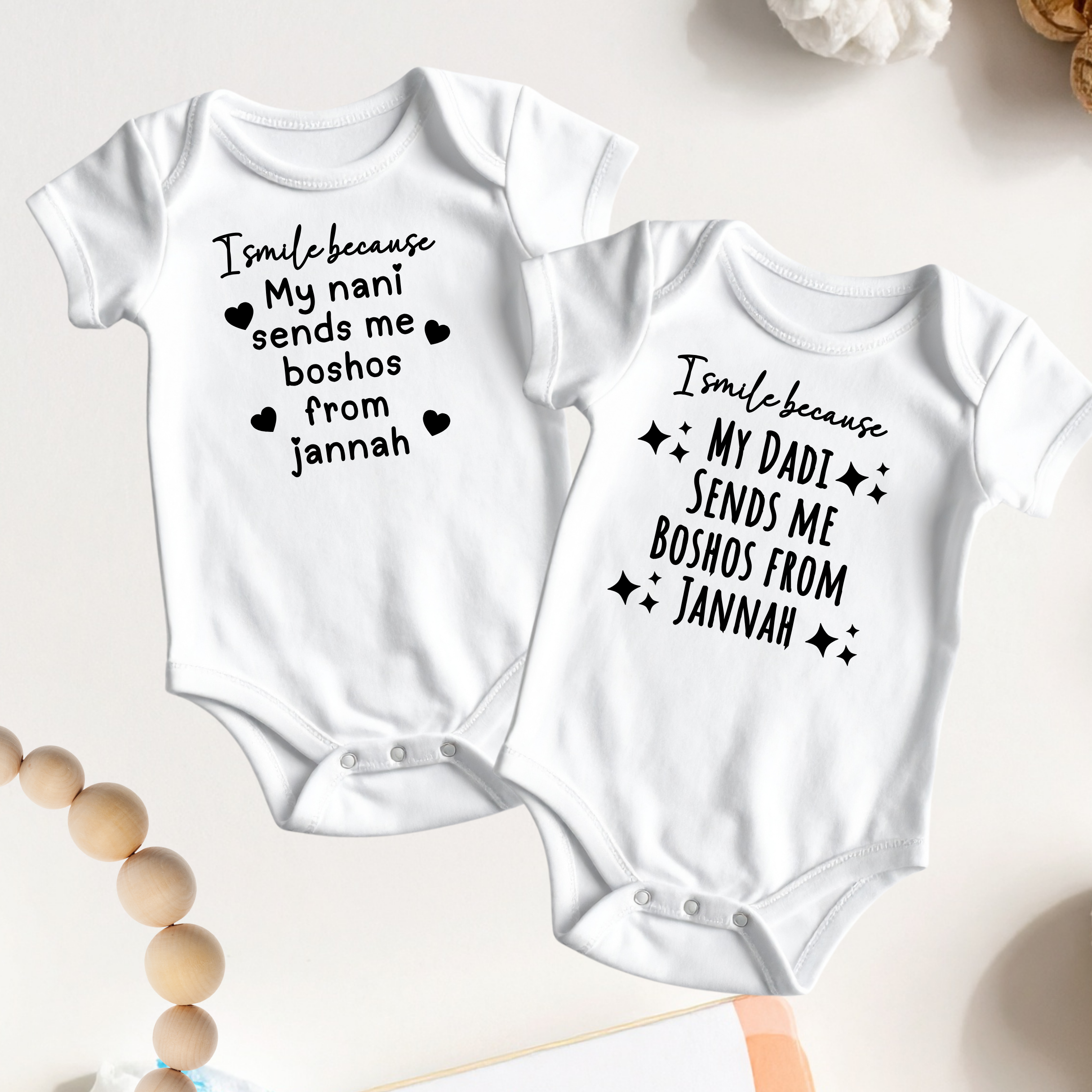Personalized Islamic Baby Onesie – “I Smile Because My Nani Sends Me Boshos From Jannah” – Custom Muslim Baby Gift