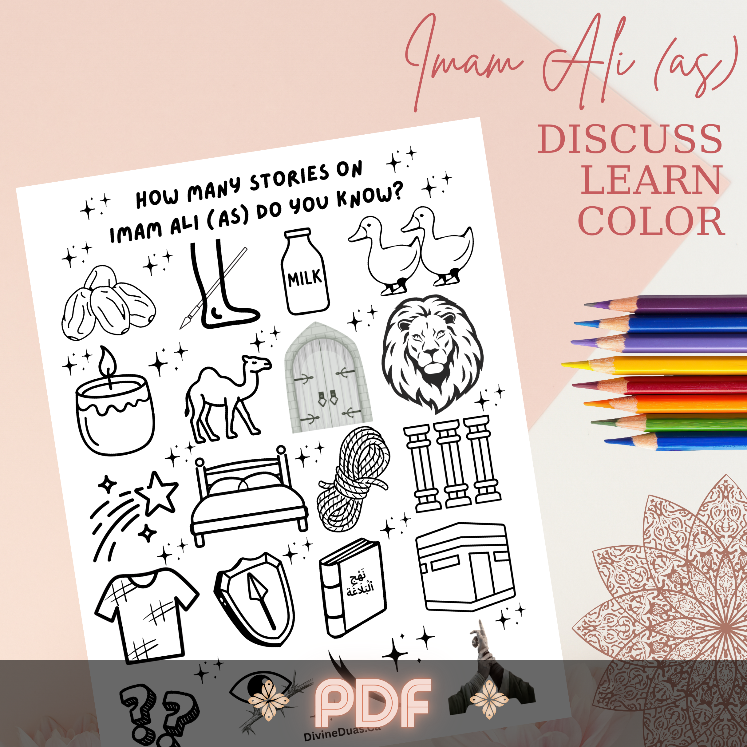 Imam Ali (AS) Coloring Page Islamic Kids Activity, 20 Stories of Imam Ali Printable, Shia Islam Learning Worksheet, Muslim Homeschool & Madrasah PDF