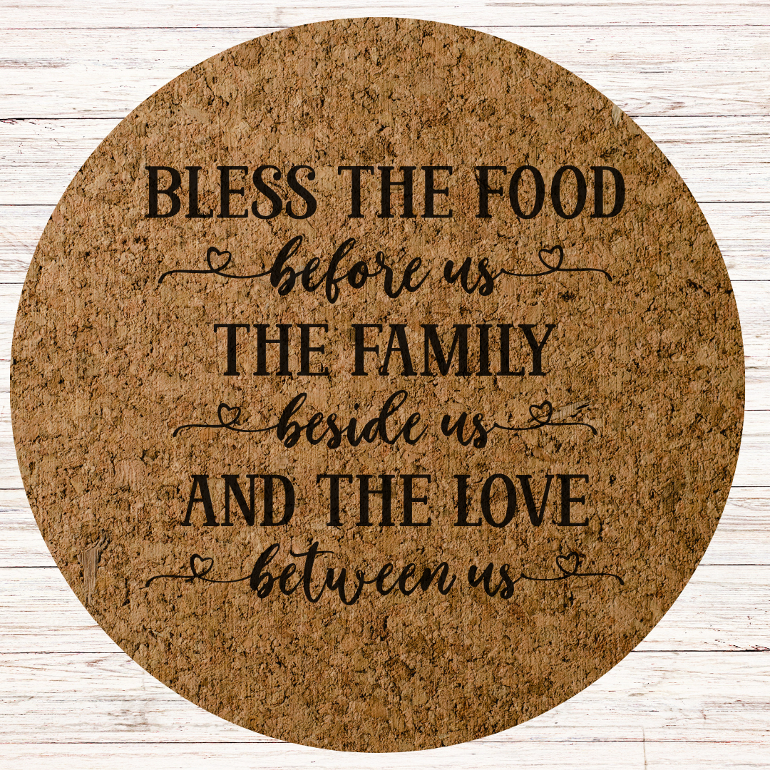 Inspirational Engraved Cork Hot Mat Kitchen Gift – "Bless the food before us"  Heat-Resistant Trivet for Kitchen & Dining