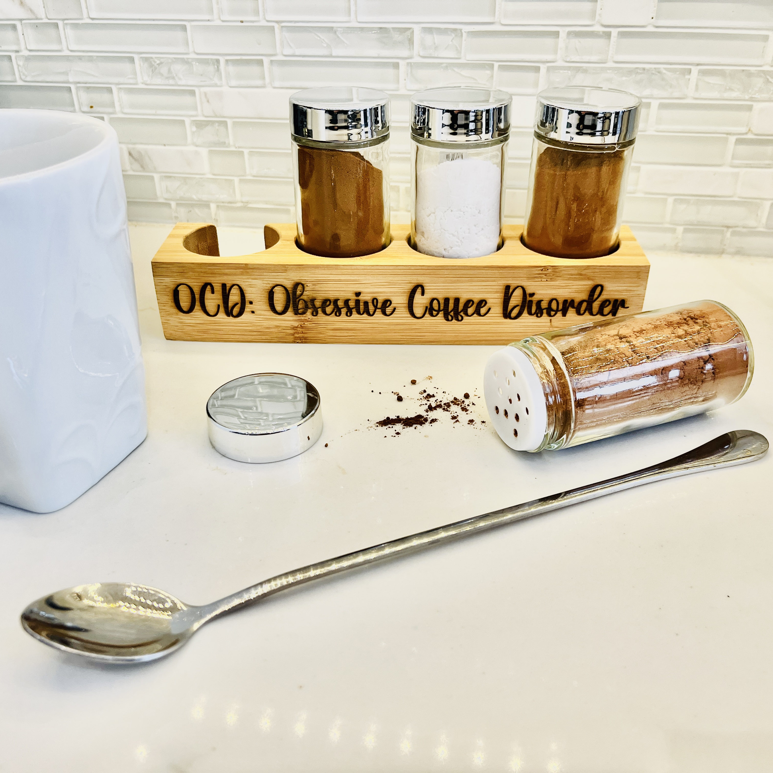Engraved Coffee Condiment Jar Set, Obsessive Coffee Disorder OCD