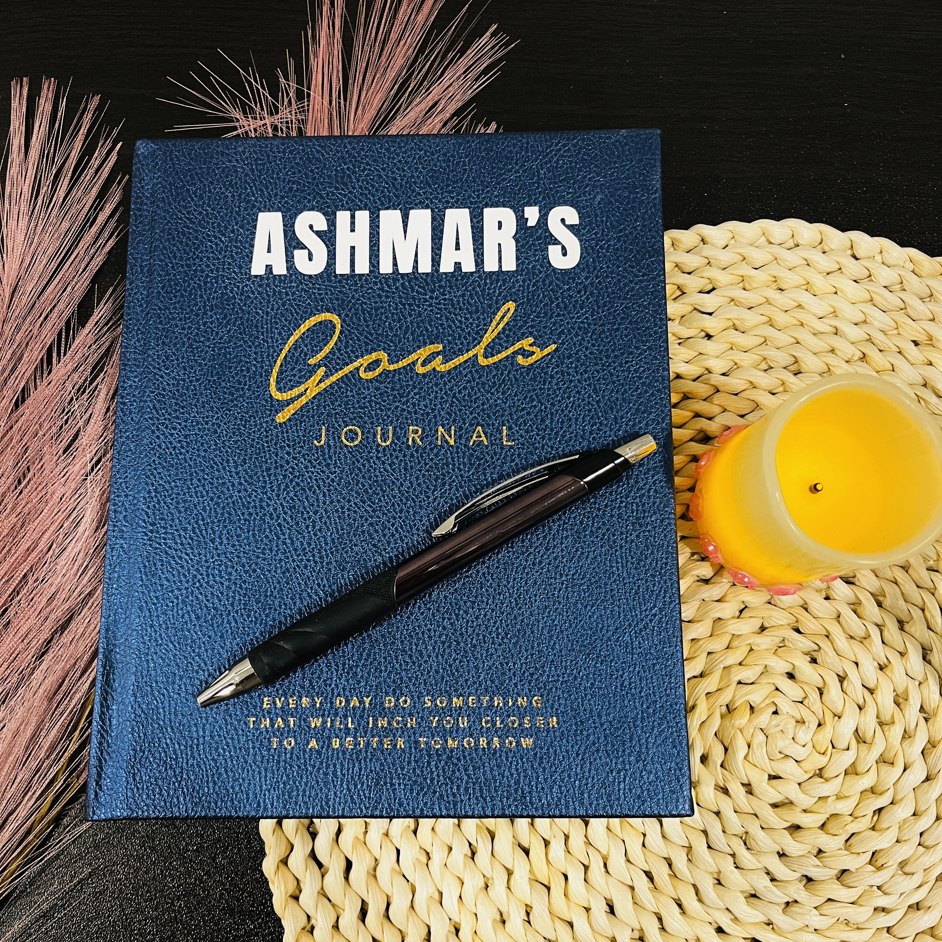 Personalized Goals Journal, Hardcover Daily Goal Planner, Productivity Log Tracker Custom Dreams Gratitude Diary Blue and Gold Embossed