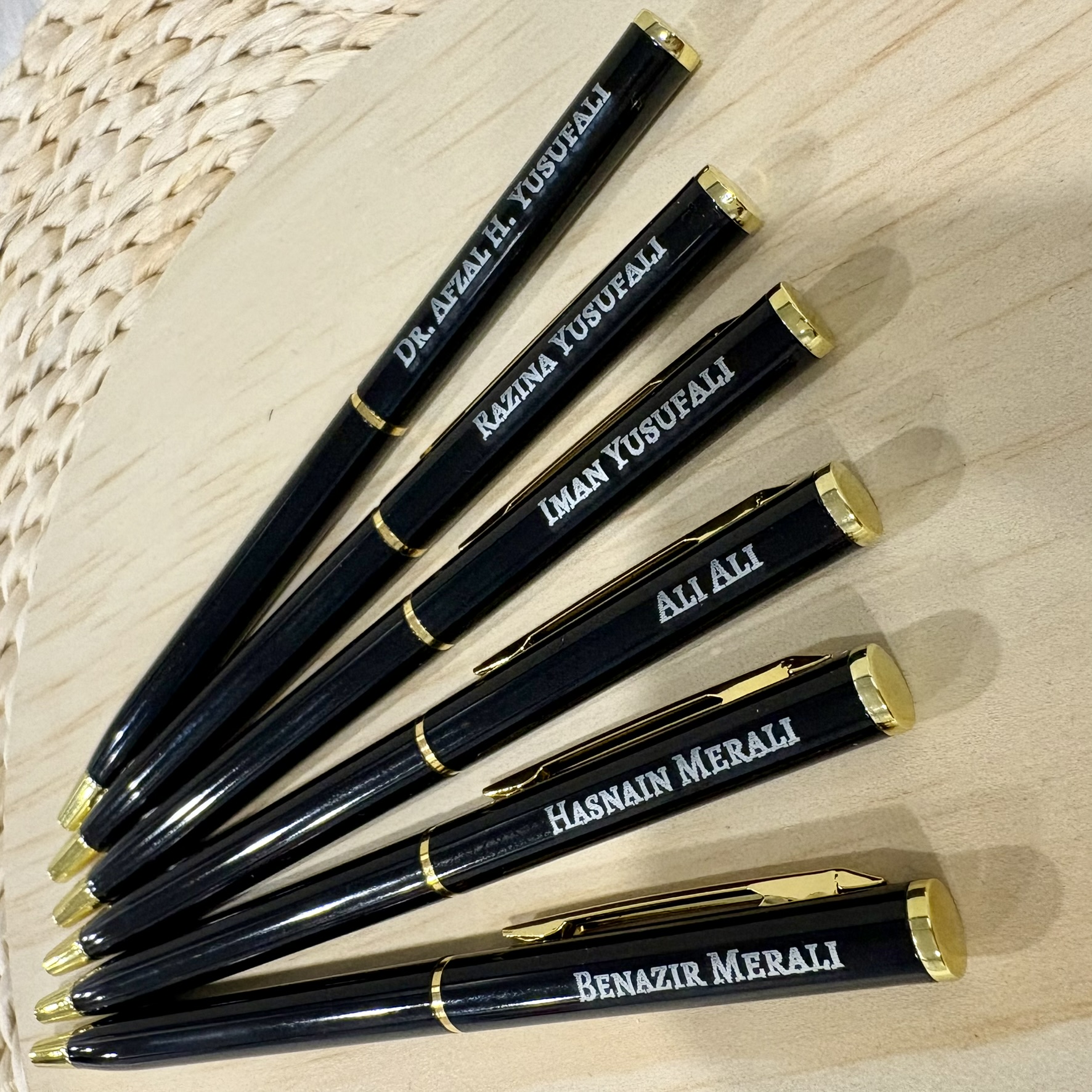 Custom Name Engraved Black and Gold Pen Gifts in Velvet Pouch