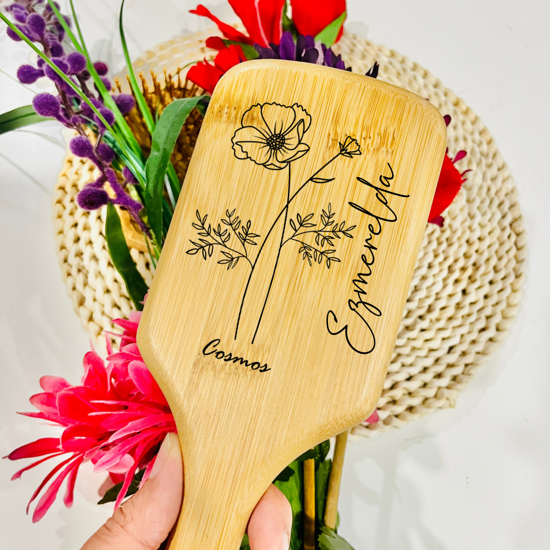Custom Birth flower Bamboo Paddle Hair Brush
