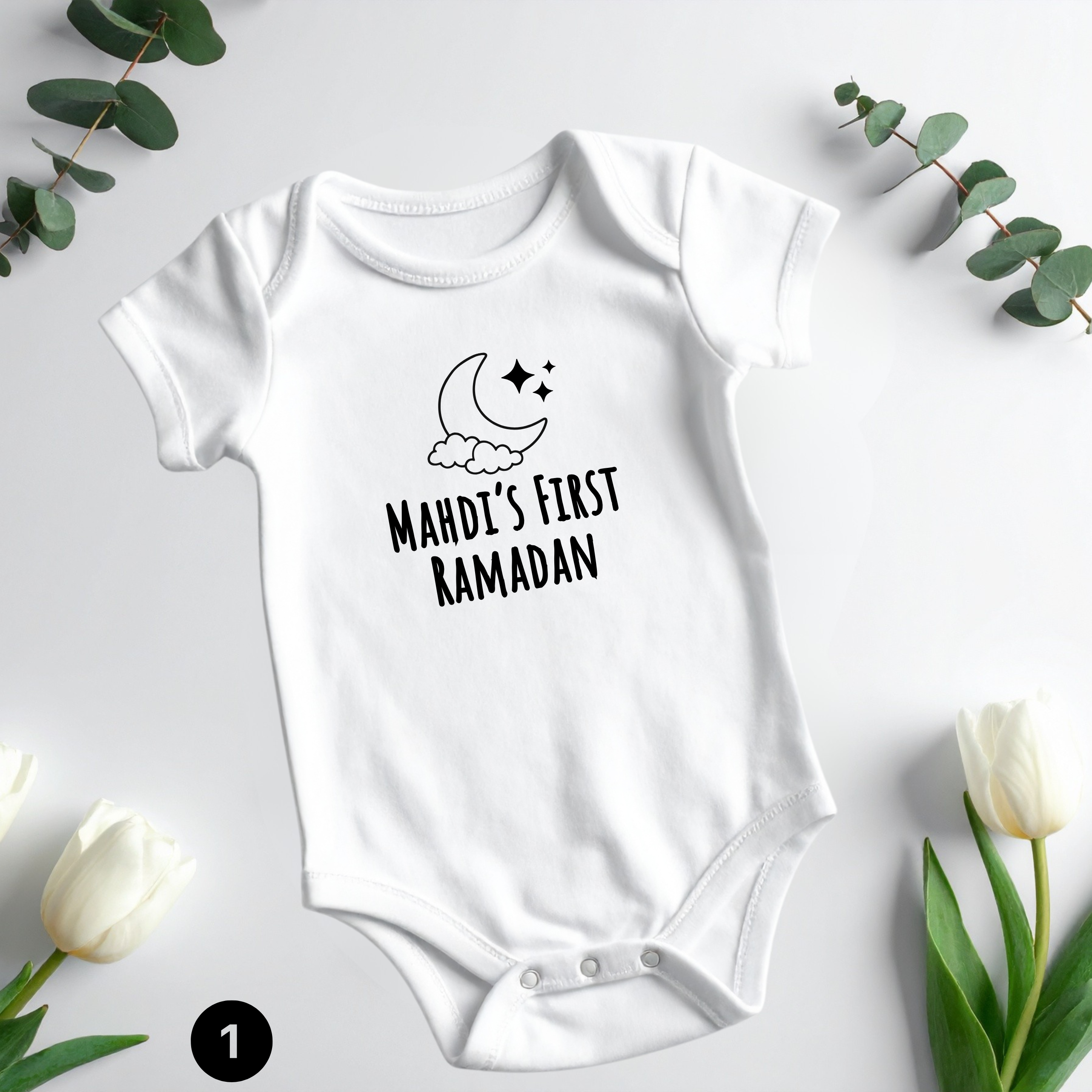 Personalized Baby’s First Ramadan or First Eid Onesie – Custom Baby Name Islamic Bodysuit