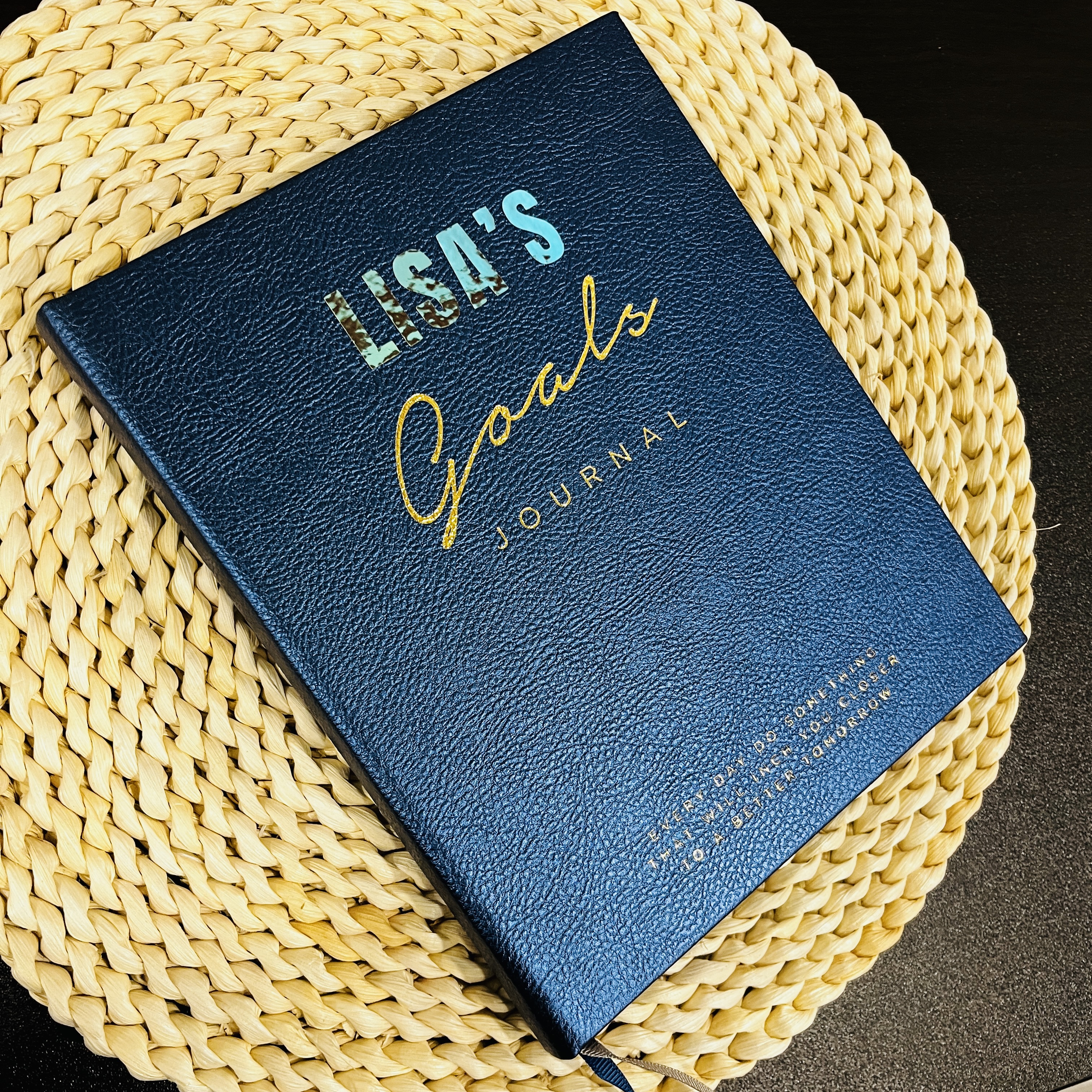 Personalized Goals Journal, Hardcover Daily Goal Planner, Productivity Log Tracker Custom Dreams Gratitude Diary Blue and Gold Embossed
