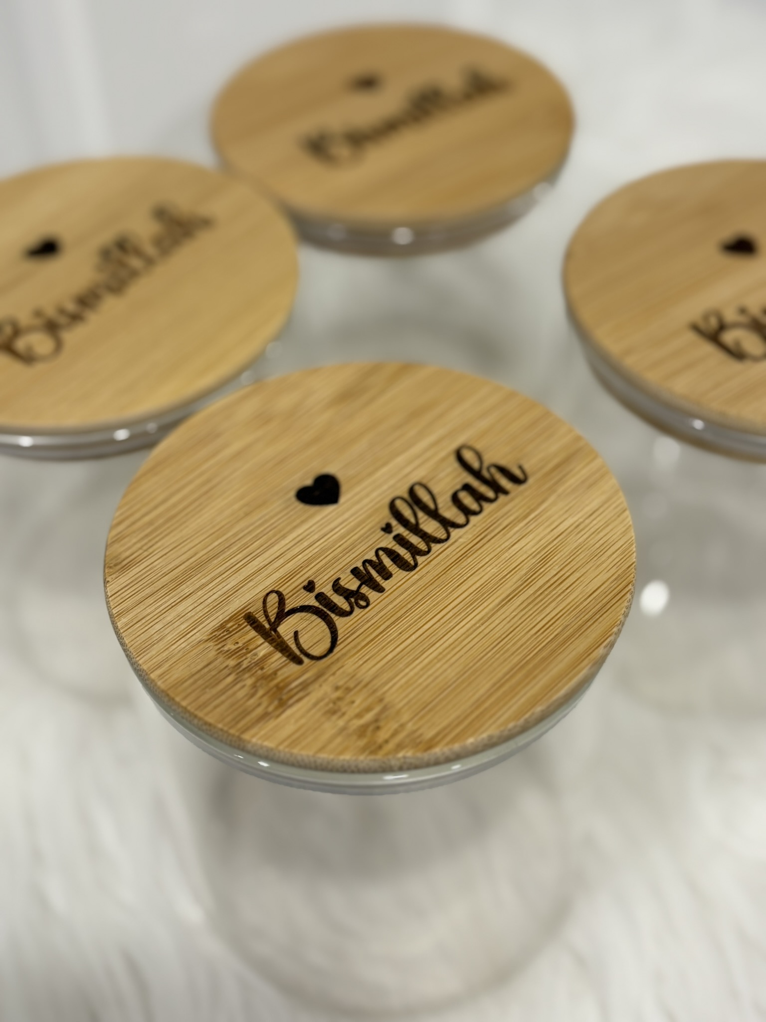 Bismillah Engraved Bamboo Lid Glass Jar – Islamic Storage Jar with Wooden Lid – Muslim Home Decor Gift – Ramadan & Eid Favor Container
