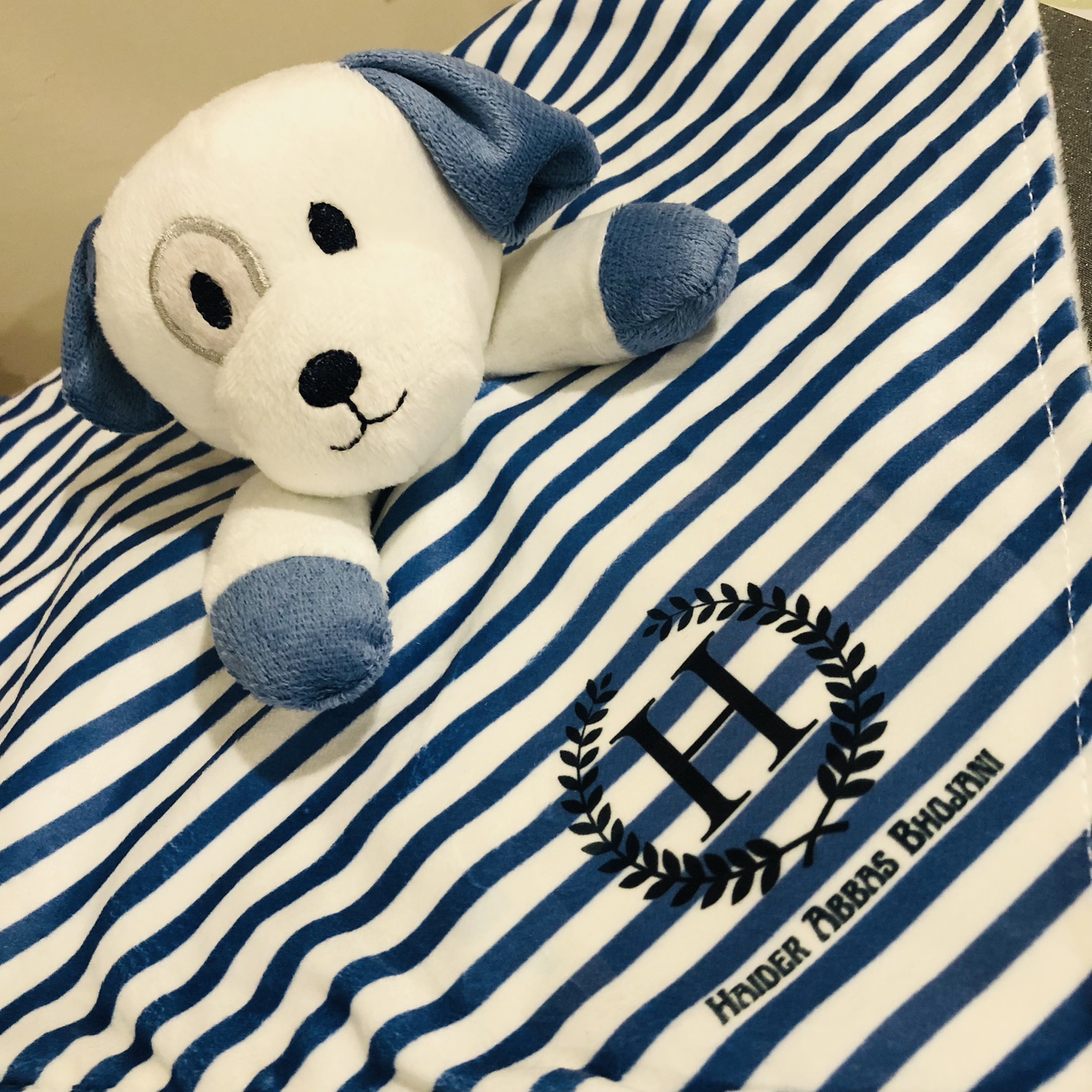 Personalized Blue Striped Minky Baby Comforter | Custom Name Security Blanket for Newborns