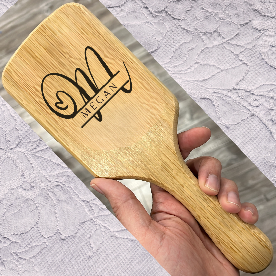 Custom Engraved Heart Monogram Name Paddle Bamboo Hair Brush