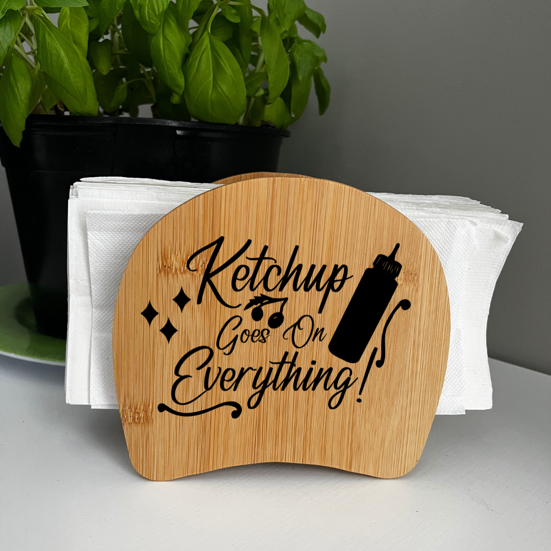 Funny Thanksgiving Napkin Holder – “Ketchup Goes on Everything” Laser-Engraved Wooden Holder for Table Décor