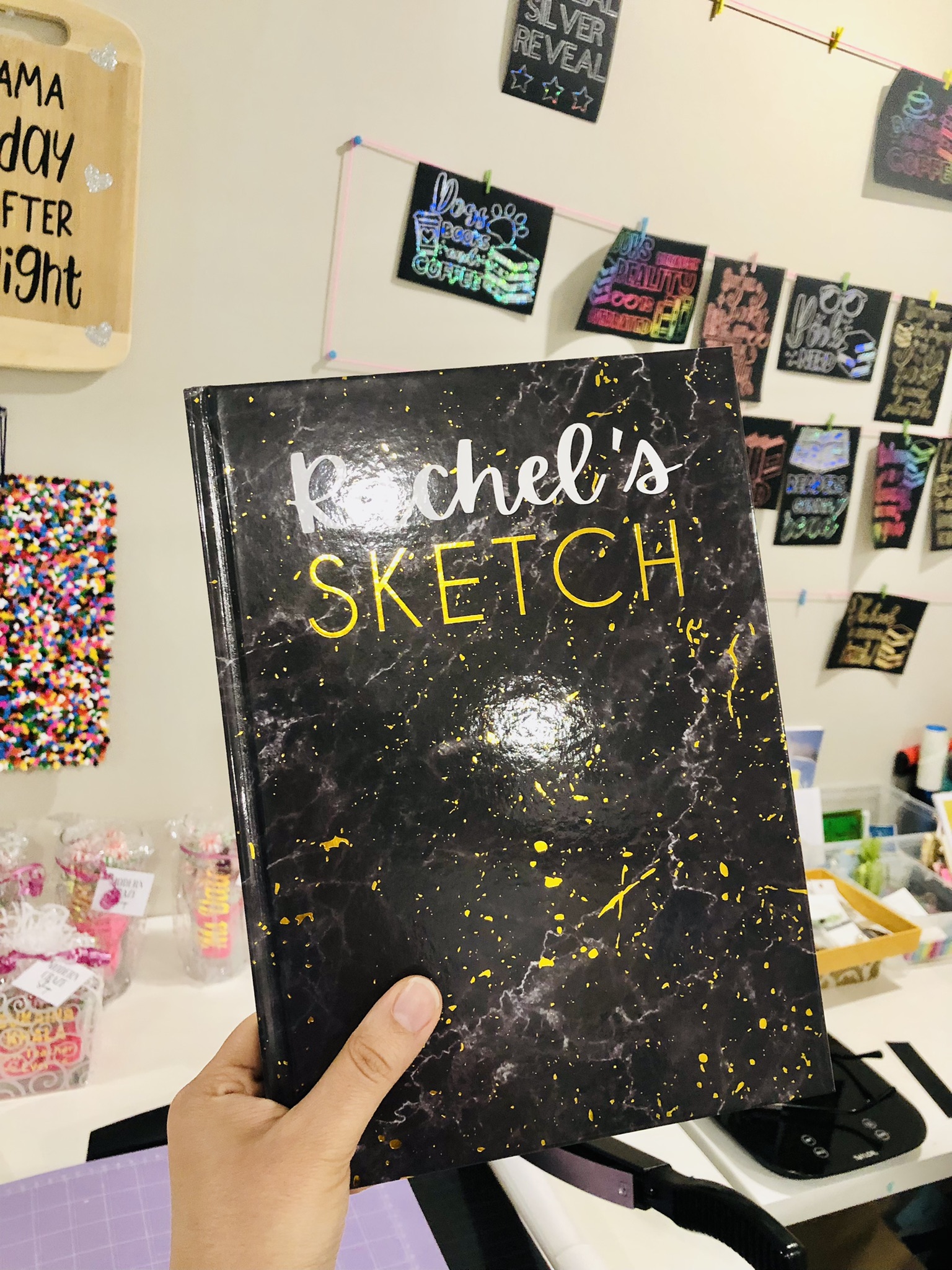 Personalized Black and Gold Sketchbook, Gold Embossed Drawing Book, Custom Name Vinyl Decal Doodle Book, Personalised Journal Book for her