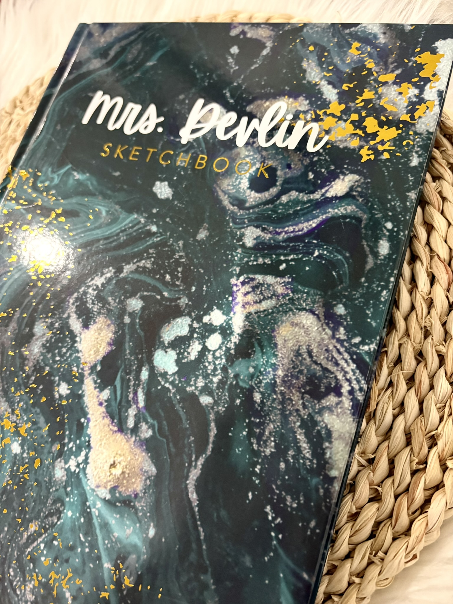 Personalized Green and Gold Sketchbook, Gold Embossed Drawing Book, Custom Name Vinyl Decal Doodle Book, Personalised Journal Book for her