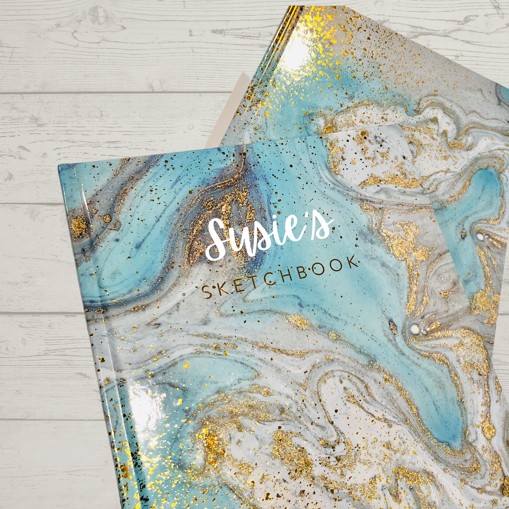Personalized Blue and Gold Sketchbook, Gold Embossed Drawing Book, Custom Name Vinyl Decal Doodle Book, Personalised Journal Book for her