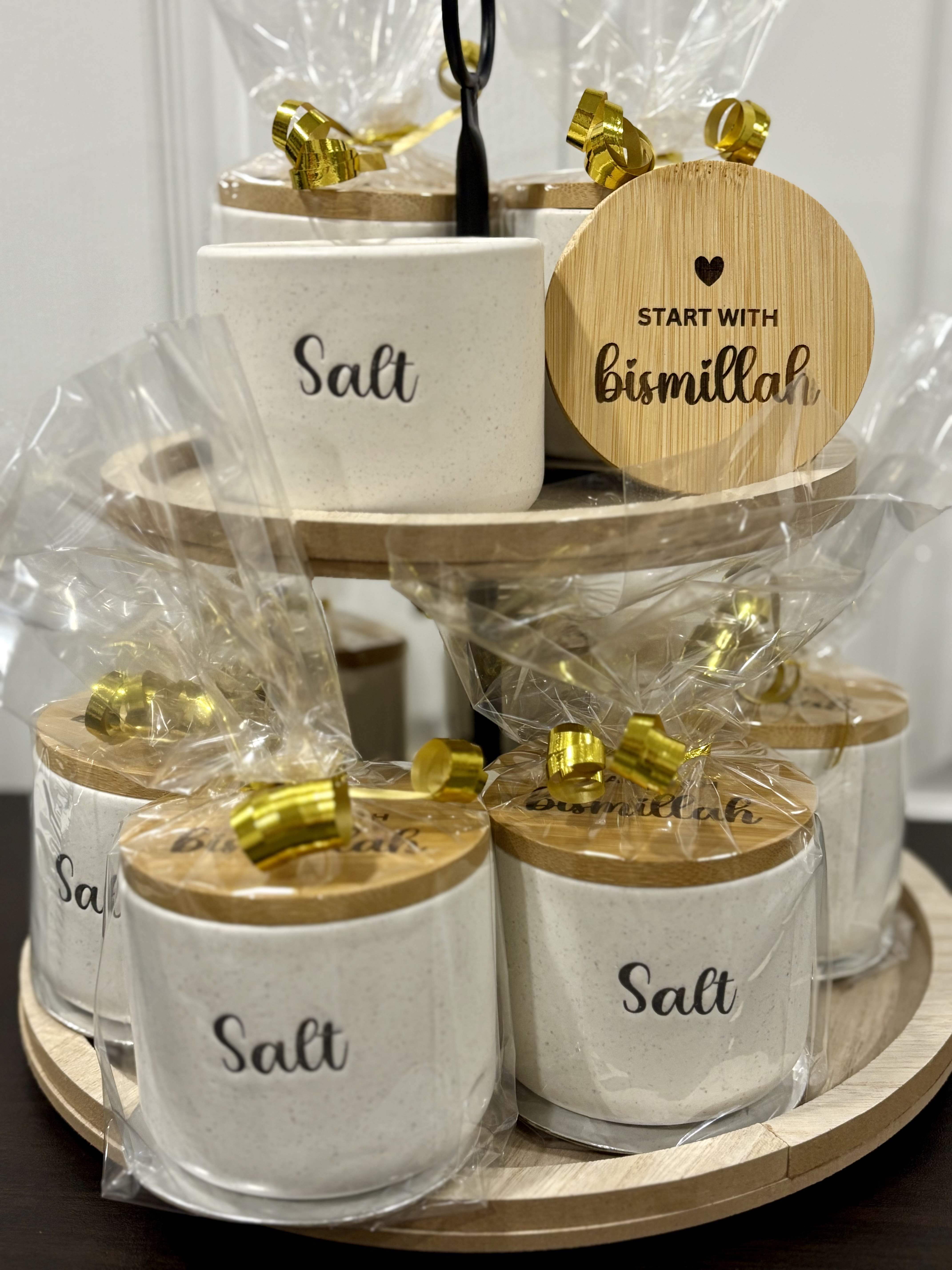 Start with Bismillah Ceramic Salt Jar with Engraved Bamboo Lid – Islamic Kitchen Decor