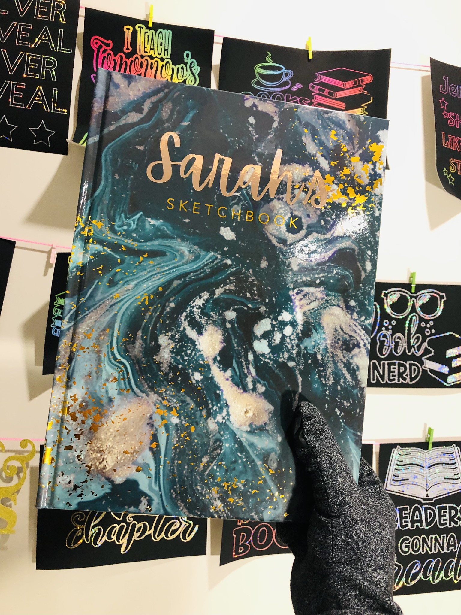 Personalized Green and Gold Sketchbook, Gold Embossed Drawing Book, Custom Name Vinyl Decal Doodle Book, Personalised Journal Book for her