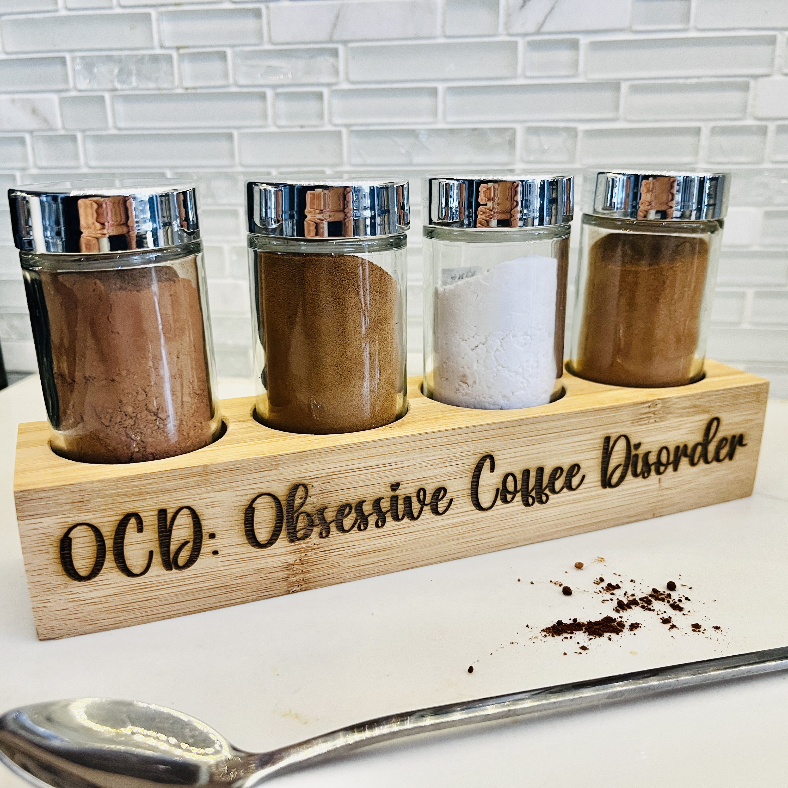 Engraved Coffee Condiment Jar Set, Obsessive Coffee Disorder OCD